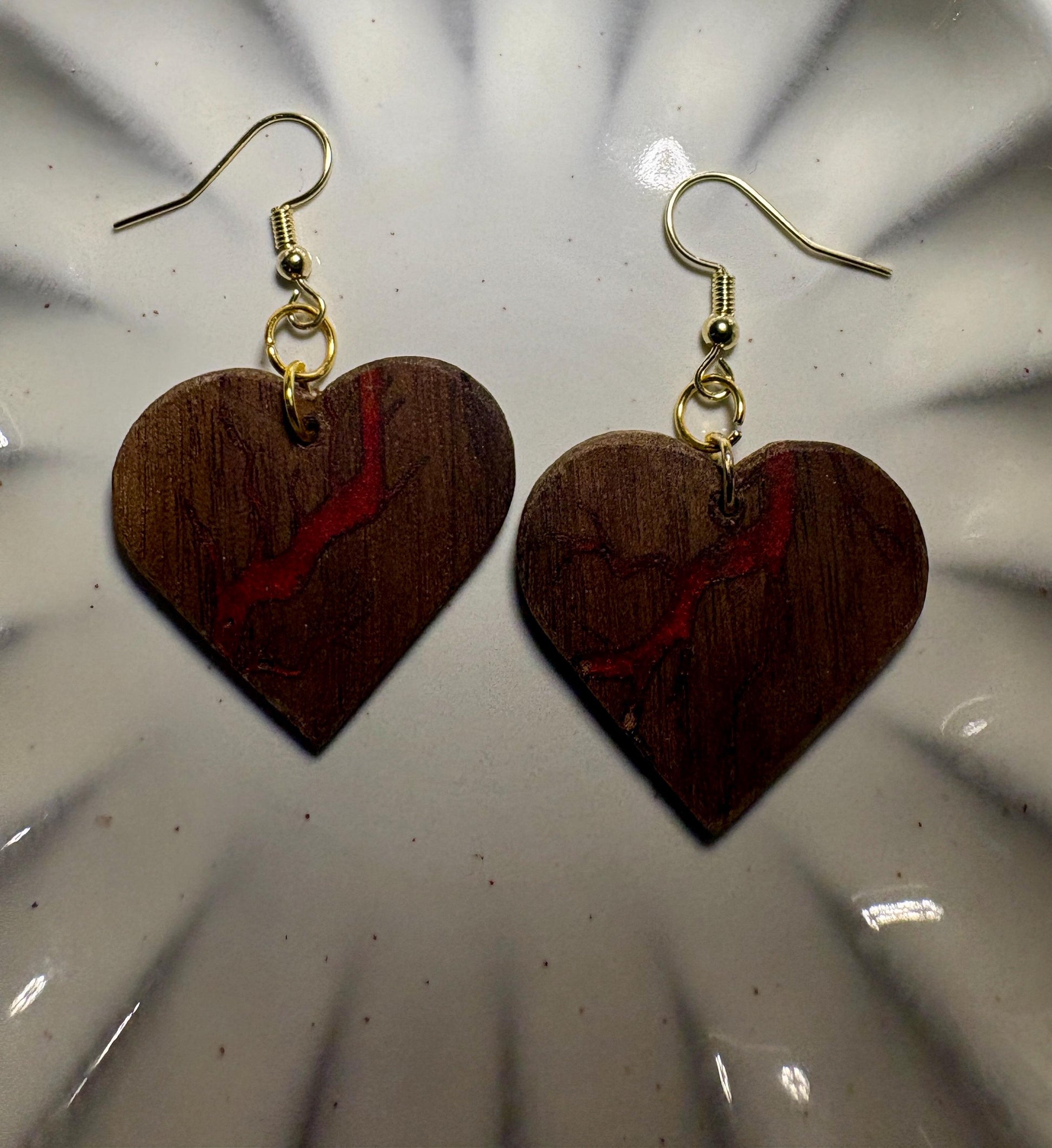 Handmade Black Walnut Heart Earrings | Red Resin Inlay Gold Fishhook Earrings Consecrated Jewelry Co.