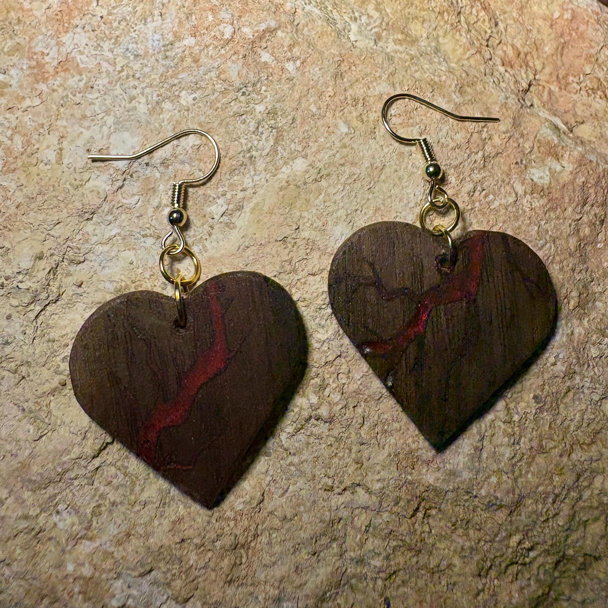 Handmade Black Walnut Heart Earrings | Red Resin Inlay Gold Fishhook Earrings Consecrated Jewelry Co.