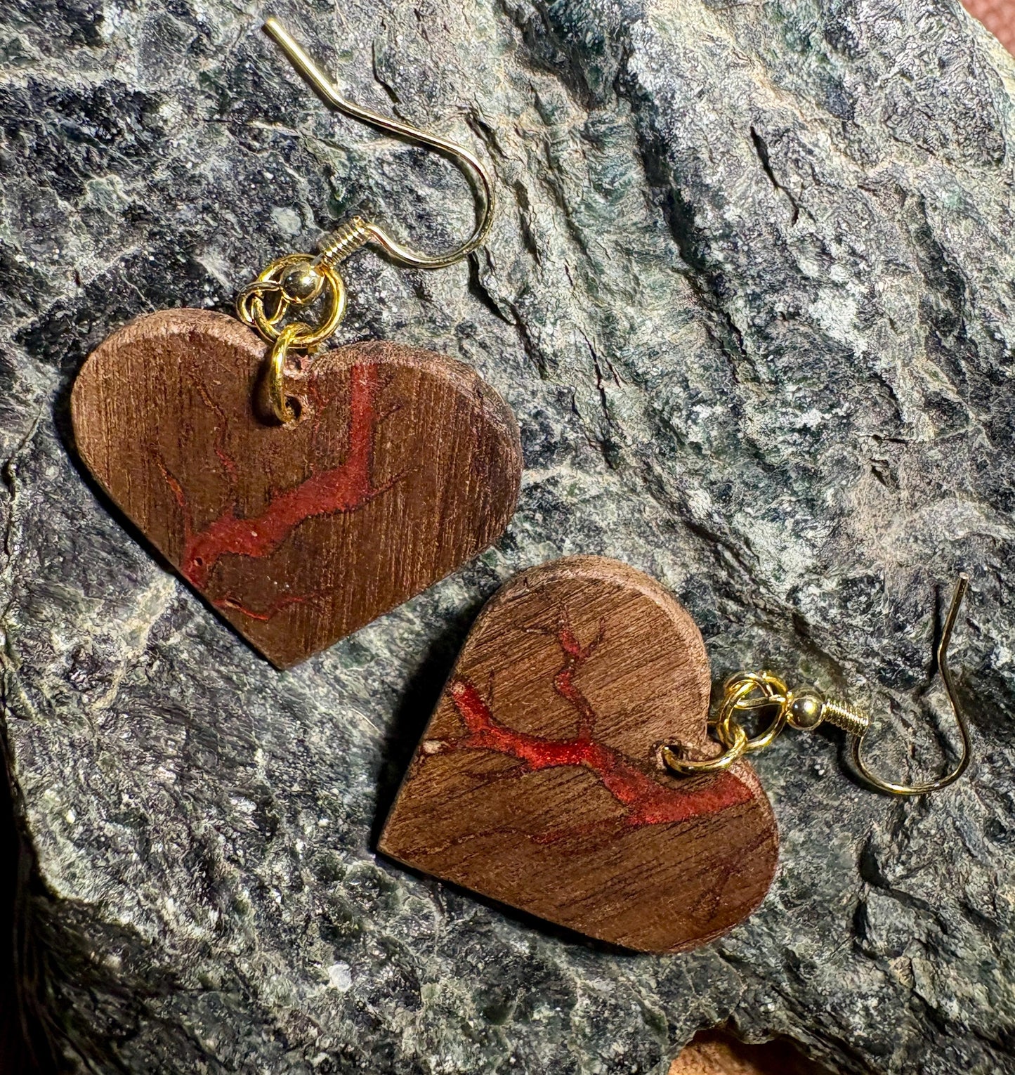 Handmade Black Walnut Heart Earrings | Red Resin Inlay Gold Fishhook Earrings Consecrated Jewelry Co.