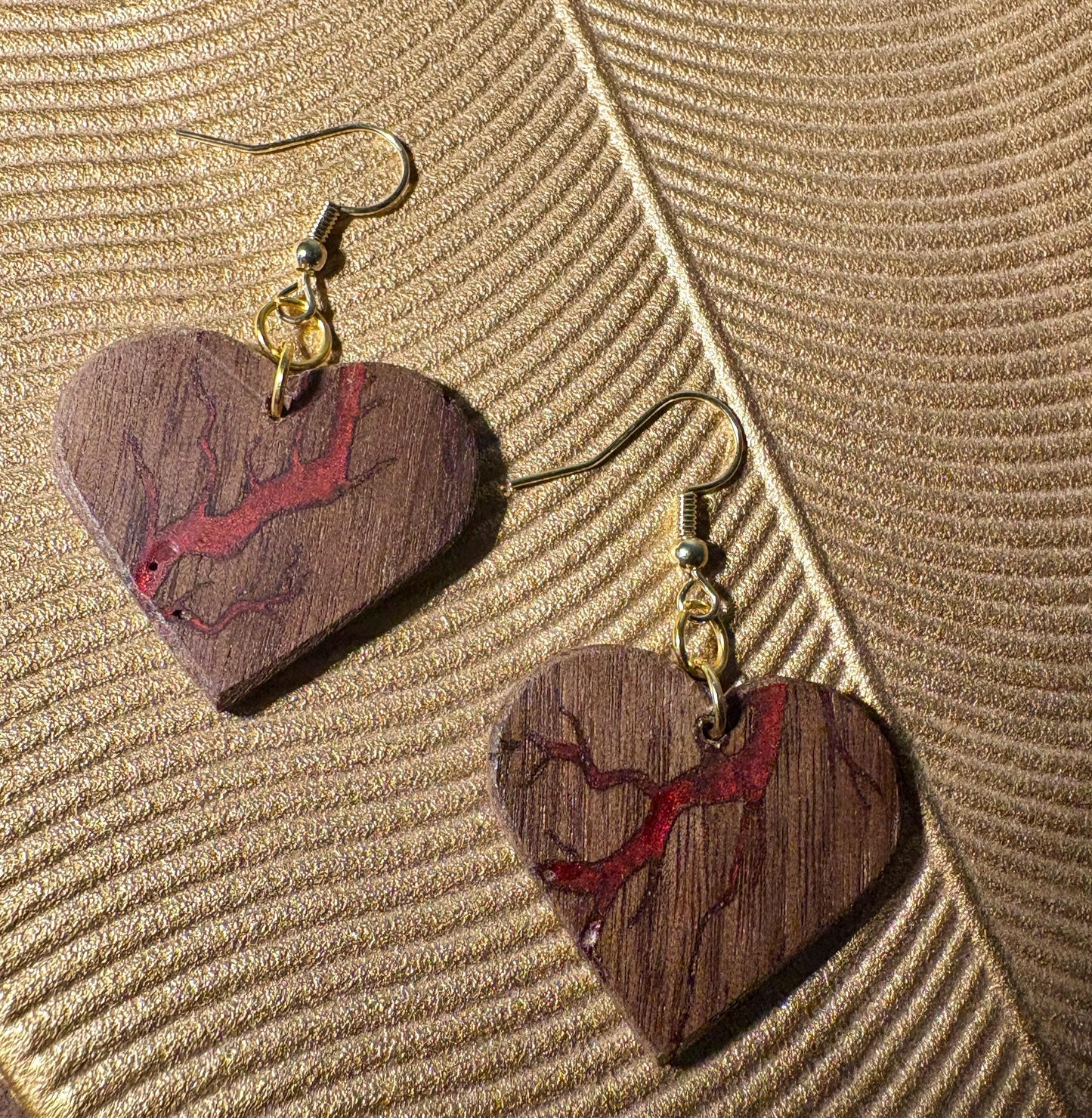 Handmade Black Walnut Heart Earrings | Red Resin Inlay Gold Fishhook Earrings Consecrated Jewelry Co.