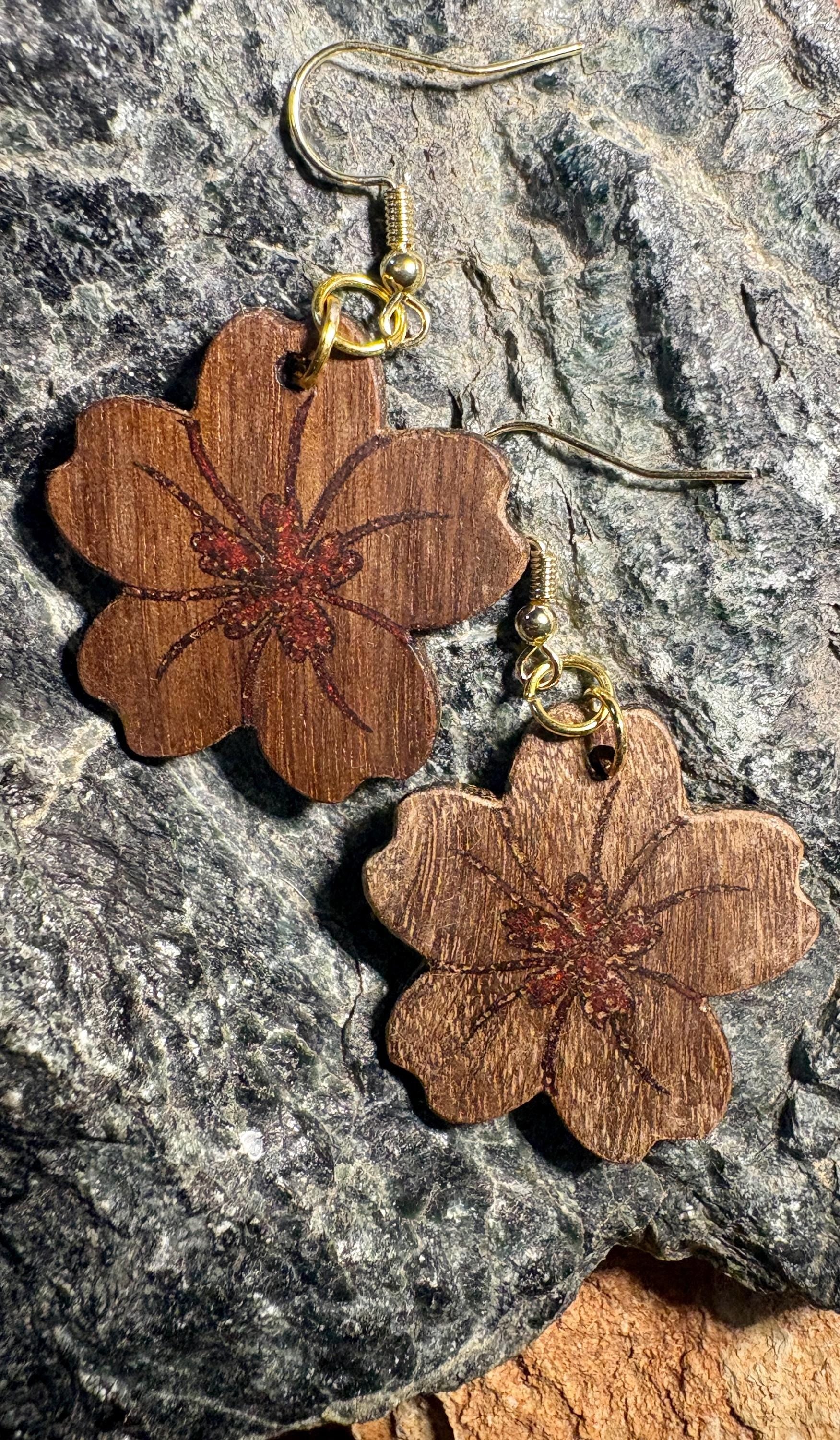 Black Walnut Floral Earrings | Red Resin Inlay Boho Dangle Earrings Consecrated Jewelry Co.