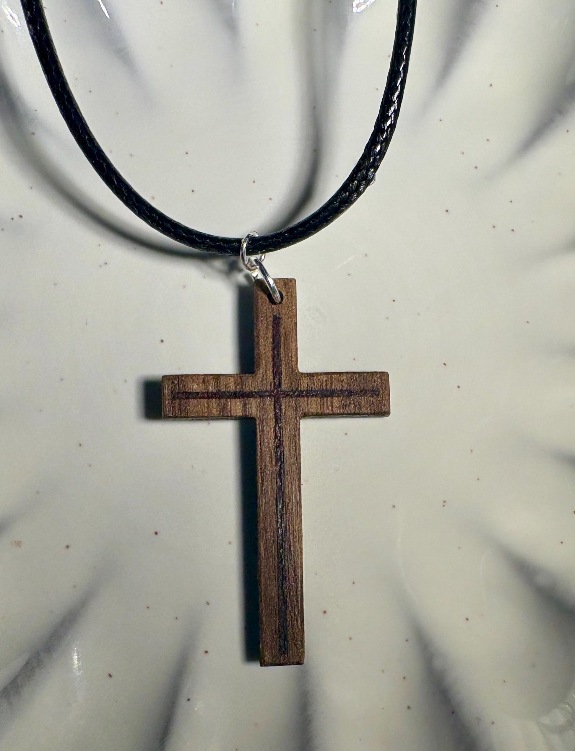 Handmade Black Walnut Cross Necklace | Red Resin Adjustable Cord Necklaces Consecrated Jewelry Co.