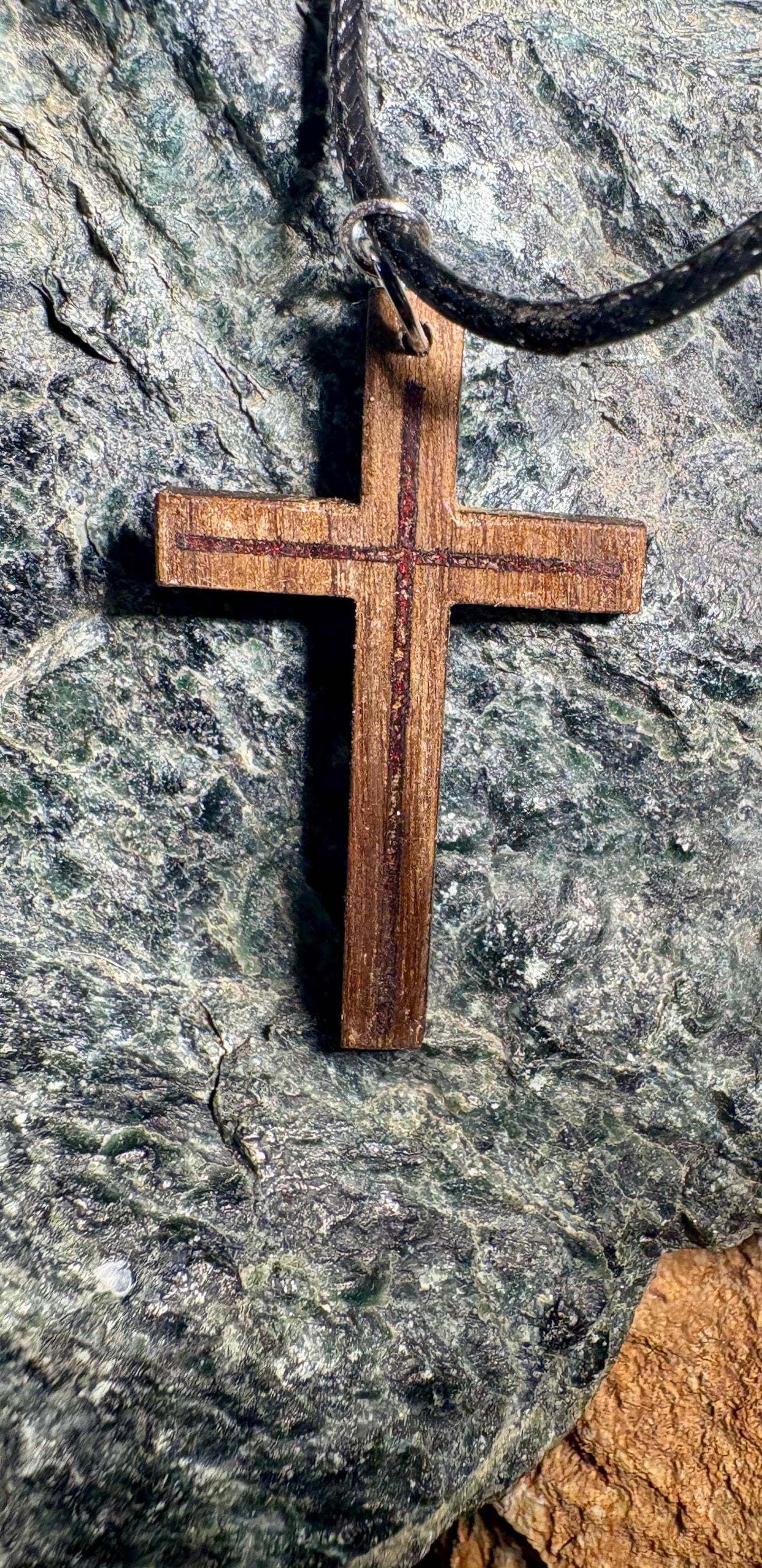 Handmade Black Walnut Cross Necklace | Red Resin Adjustable Cord Necklaces Consecrated Jewelry Co.
