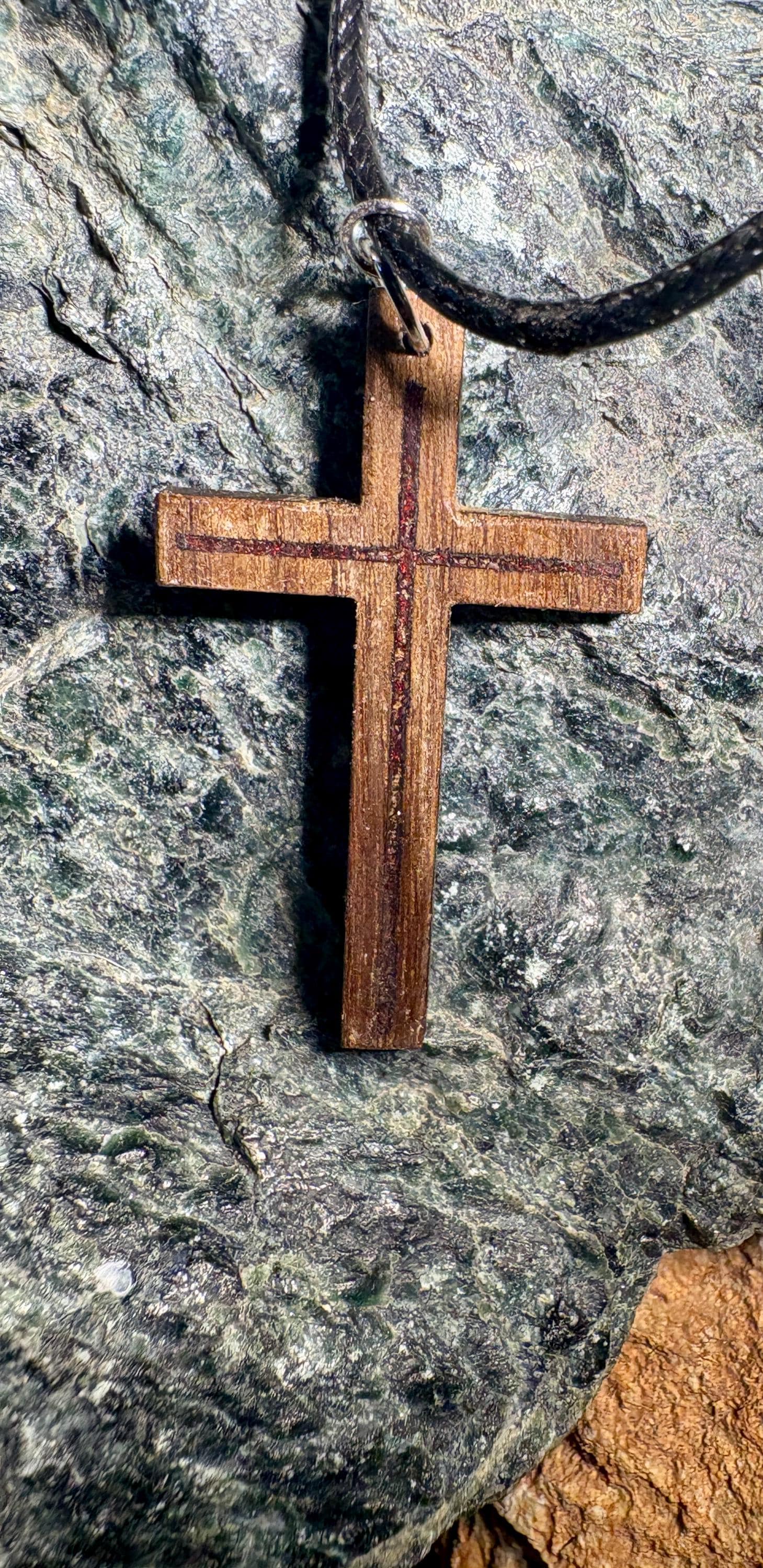 Handmade Black Walnut Cross Necklace | Red Resin Adjustable Cord Necklaces Consecrated Jewelry Co.