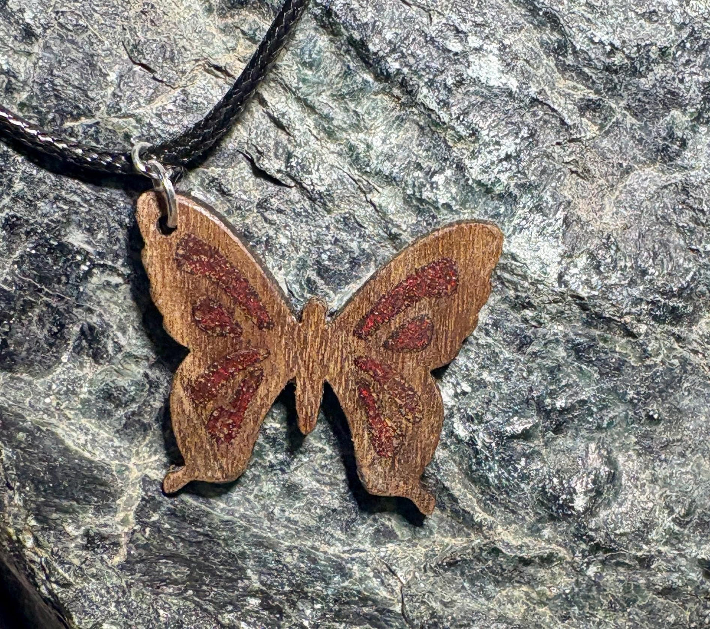 Handmade Black Walnut Butterfly Necklace | Red Resin Adjustable Cord Necklaces Consecrated Jewelry Co.