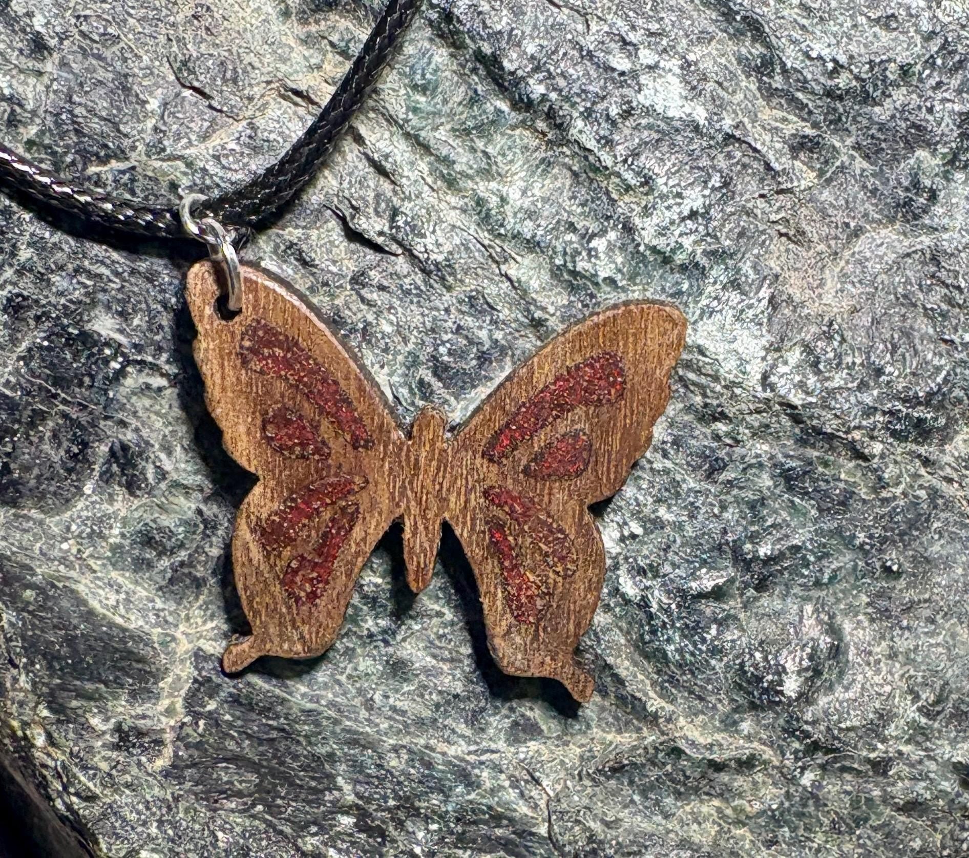 Handmade Black Walnut Butterfly Necklace | Red Resin Adjustable Cord Necklaces Consecrated Jewelry Co.