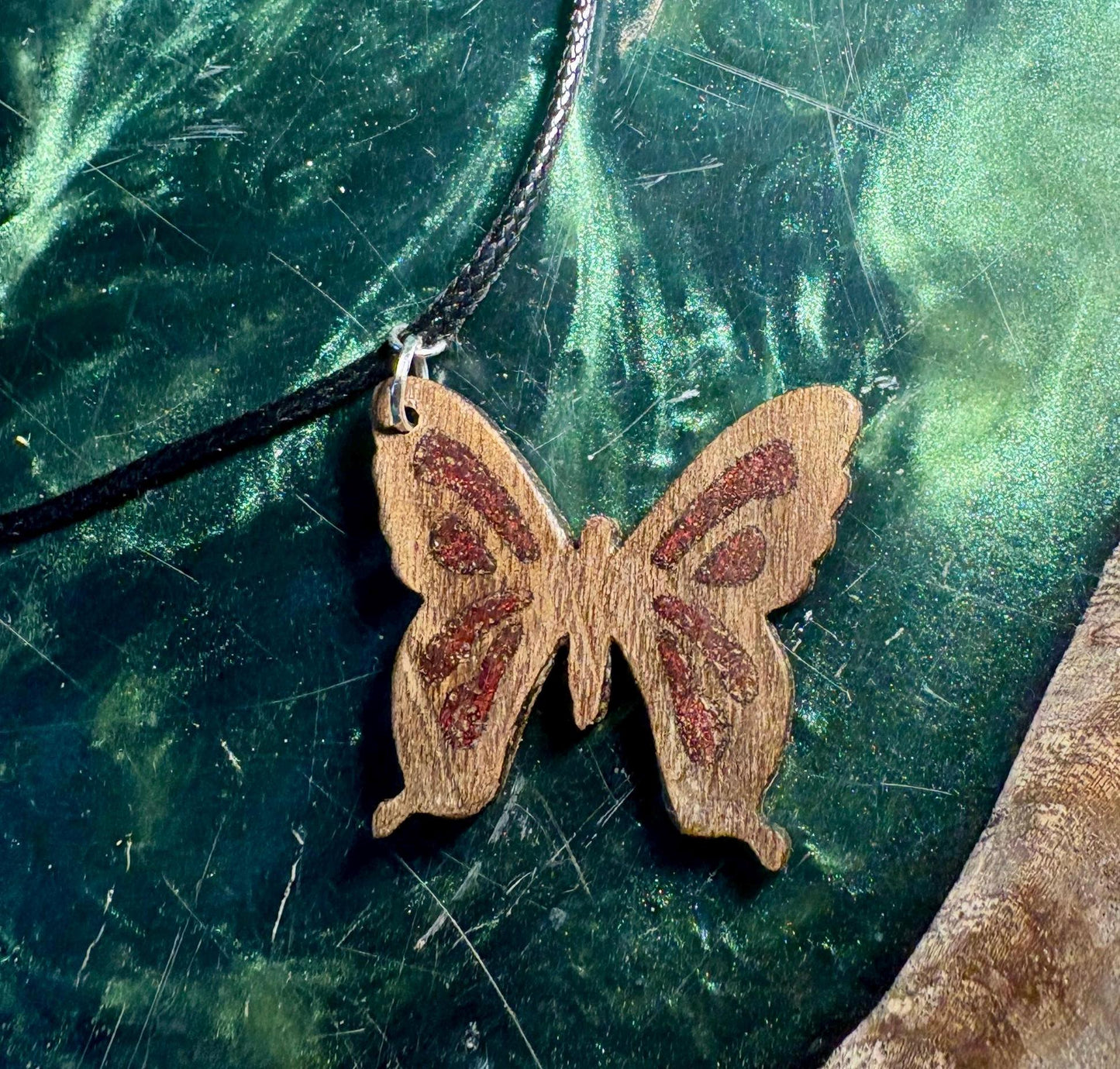 Handmade Black Walnut Butterfly Necklace | Red Resin Adjustable Cord Necklaces Consecrated Jewelry Co.