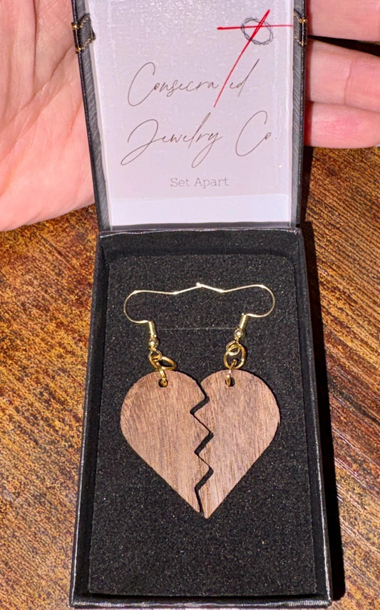 Black Walnut Broken Heart Earrings | Handmade Wood Dangle Earrings Consecrated Jewelry Co.