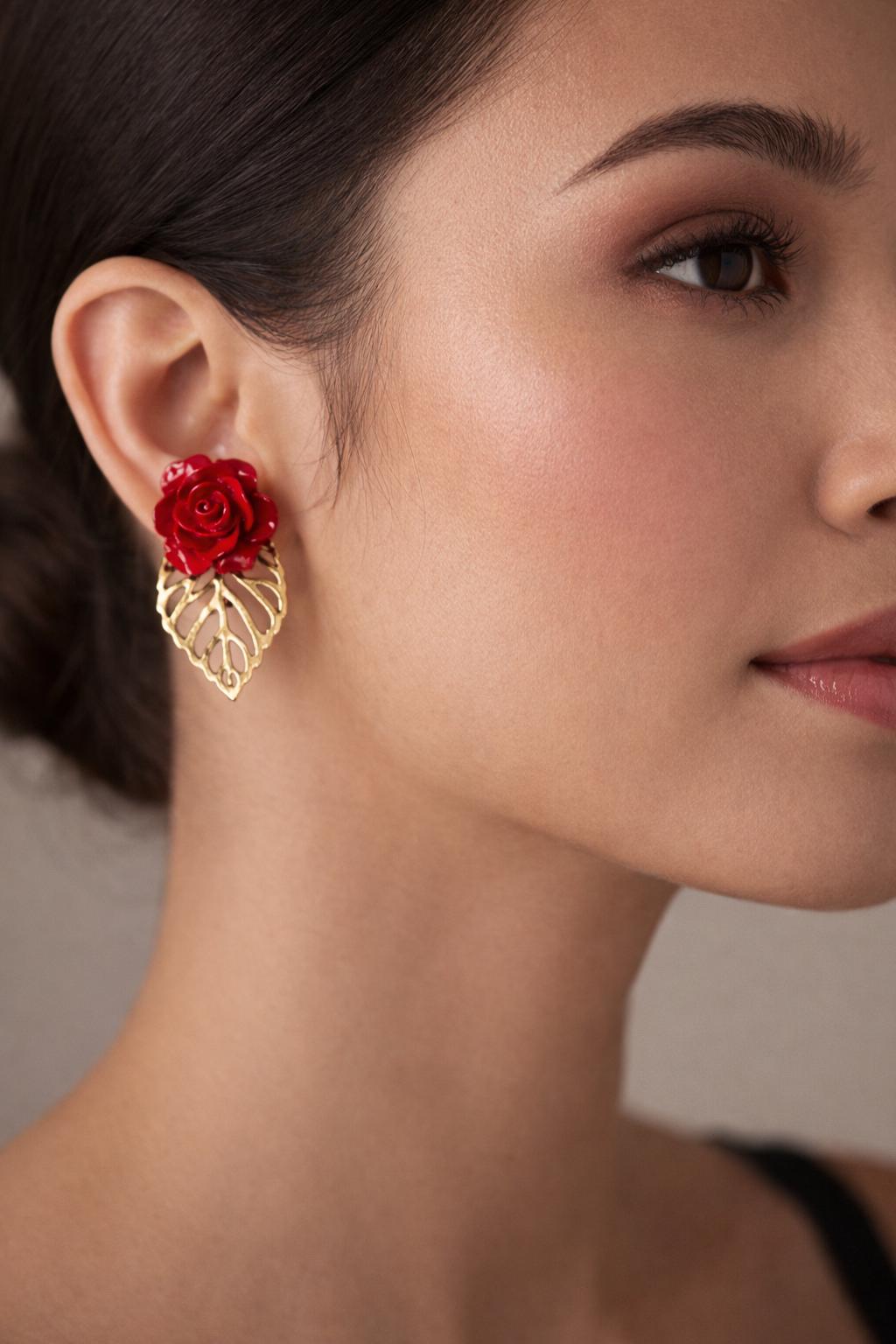 Gold Leaf Red Floral Earrings | Rose Flower & Gemstone Dangle Earrings Consecrated Jewelry Co.