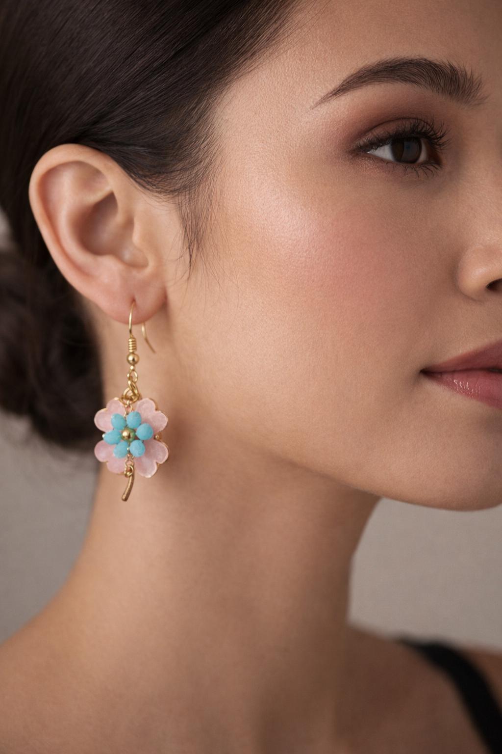 Pink & Blue Leaf Dangle Earrings | Lucky Clover Pastel Floral Earrings Consecrated Jewelry Co.