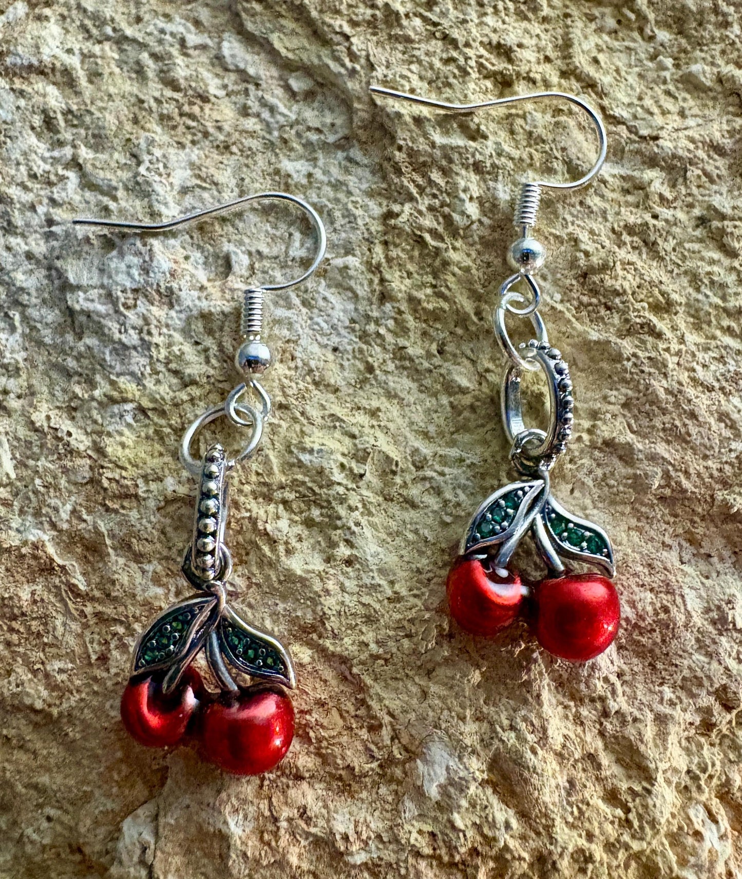 Cherry Dangle Earrings | Silver & Green Leaf Valentine's Red Earrings Consecrated Jewelry Co.