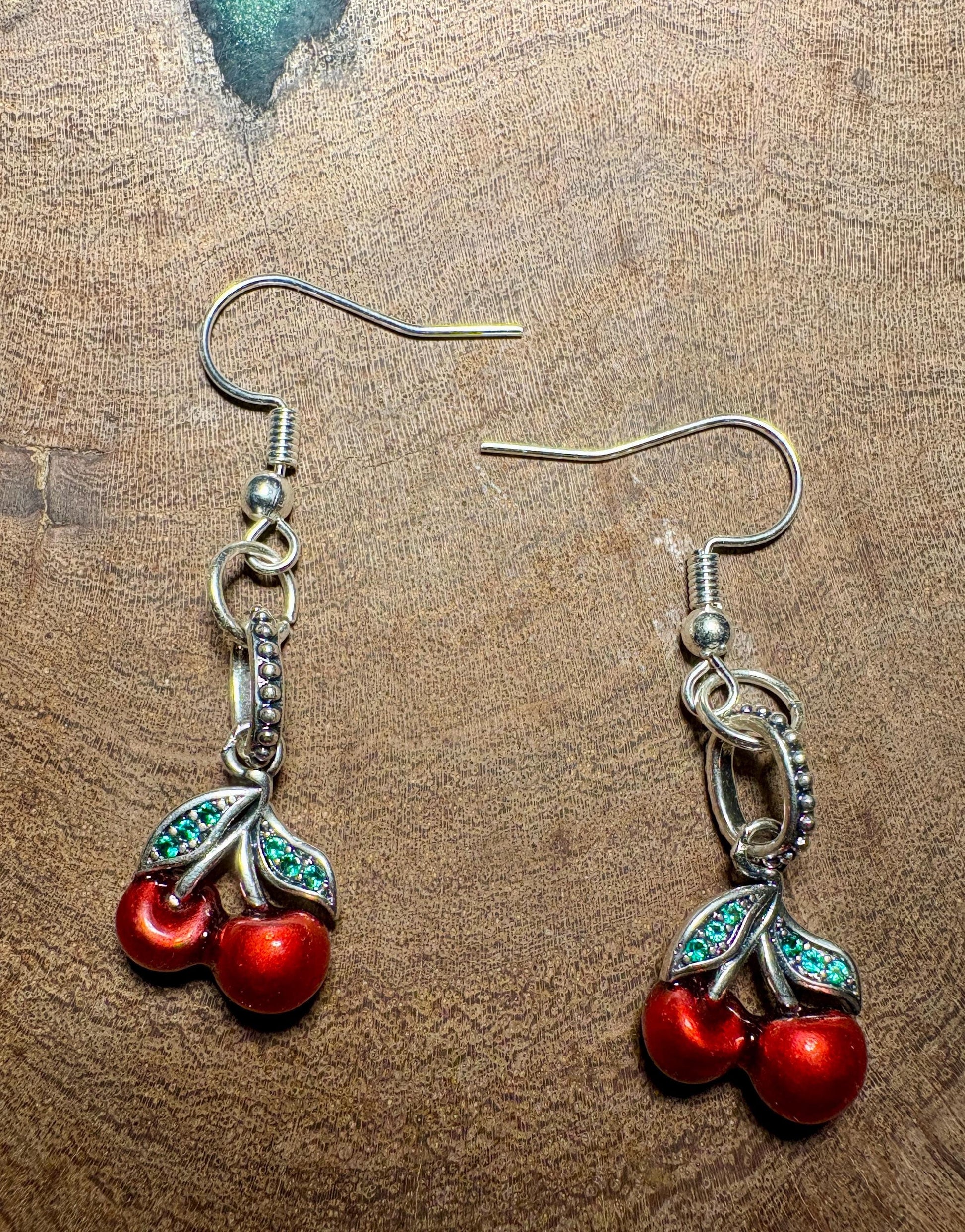 Cherry Dangle Earrings | Silver & Green Leaf Valentine's Red Earrings Consecrated Jewelry Co.