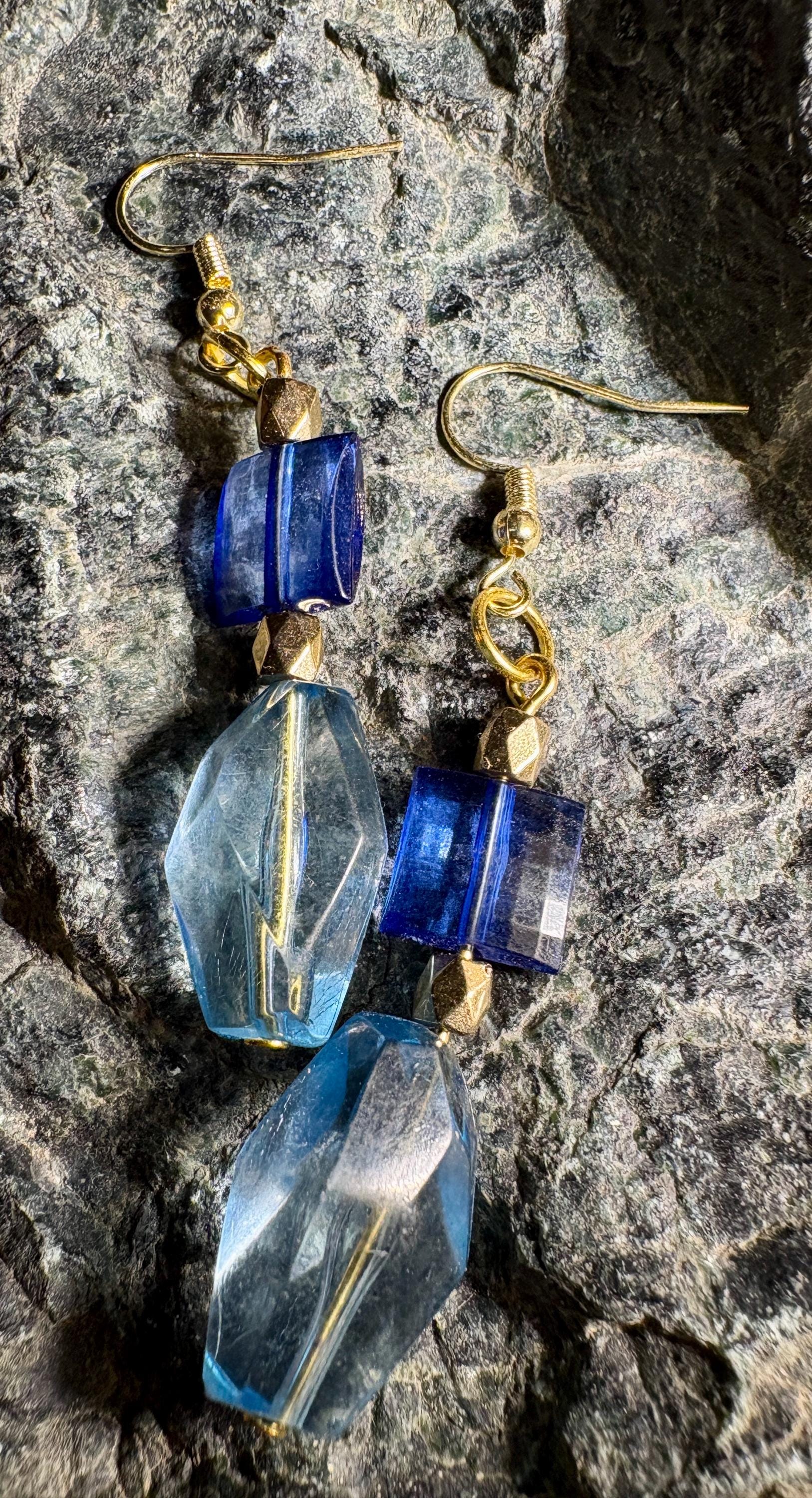 Handmade Blue Glass Dangle Earrings | Gold Tone Lightweight Earrings Consecrated Jewelry Co.