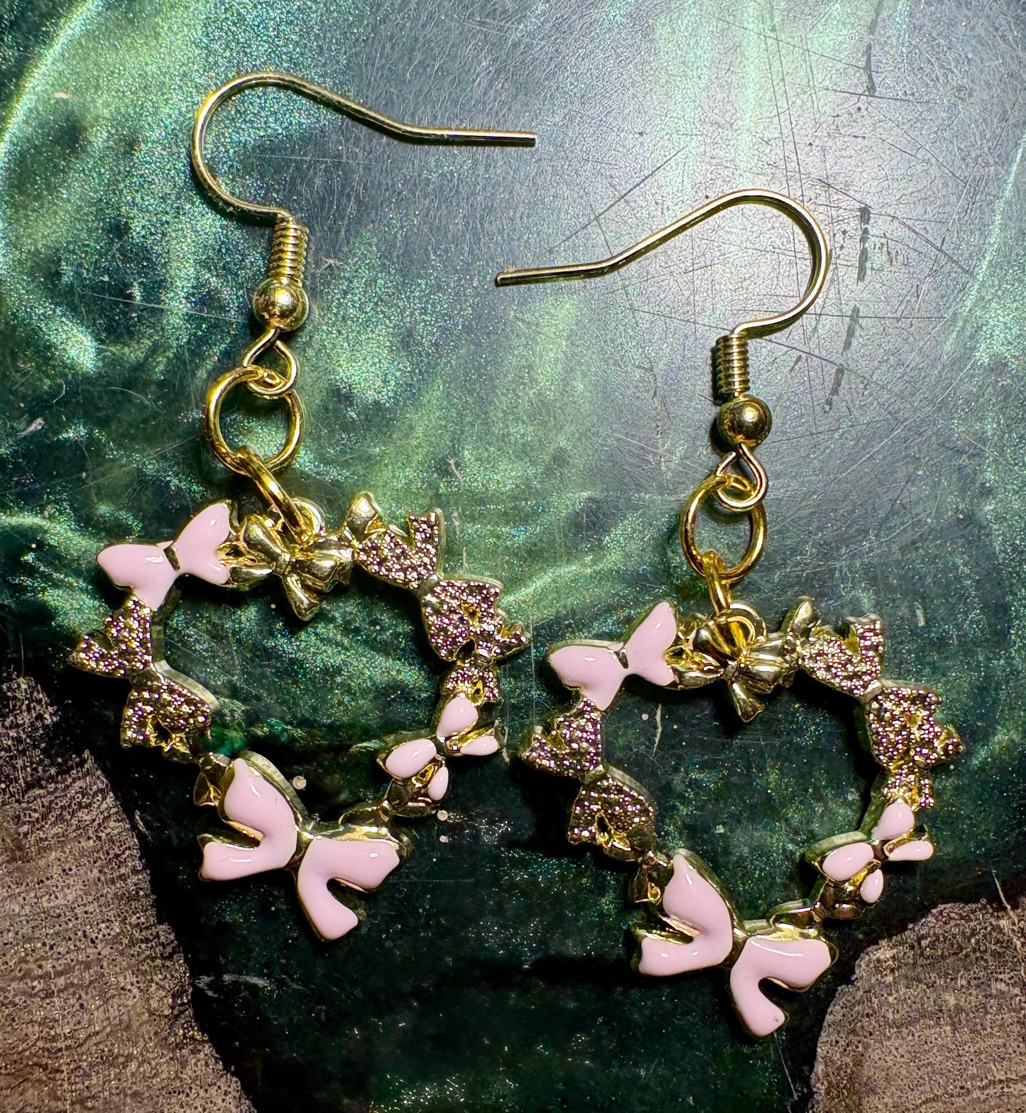 Gold Heart Pink Bow Dangle Earrings | Pink Enamel Valentine Earrings Consecrated Jewelry Co.