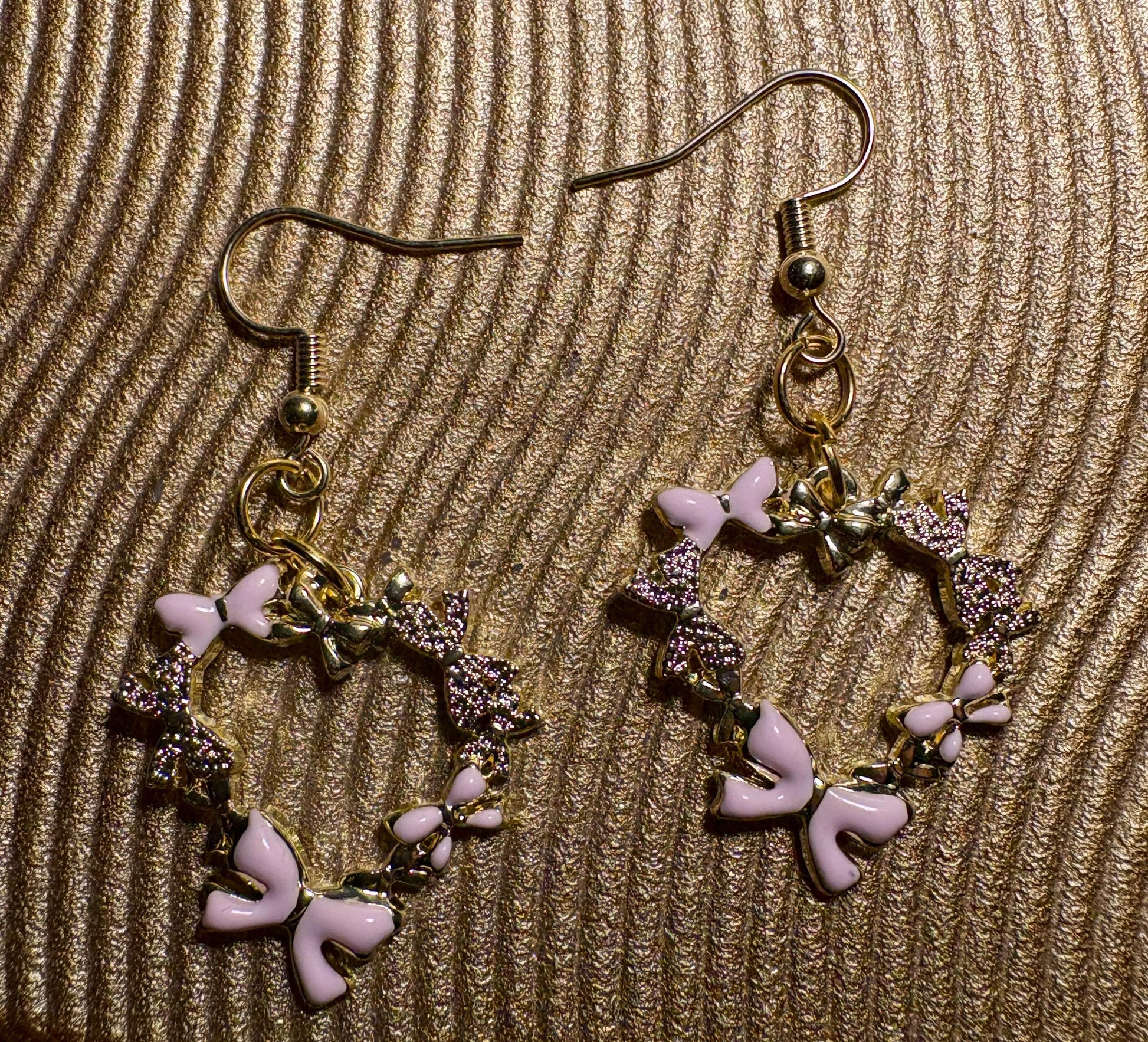 Gold Heart Pink Bow Dangle Earrings | Pink Enamel Valentine Earrings Consecrated Jewelry Co.