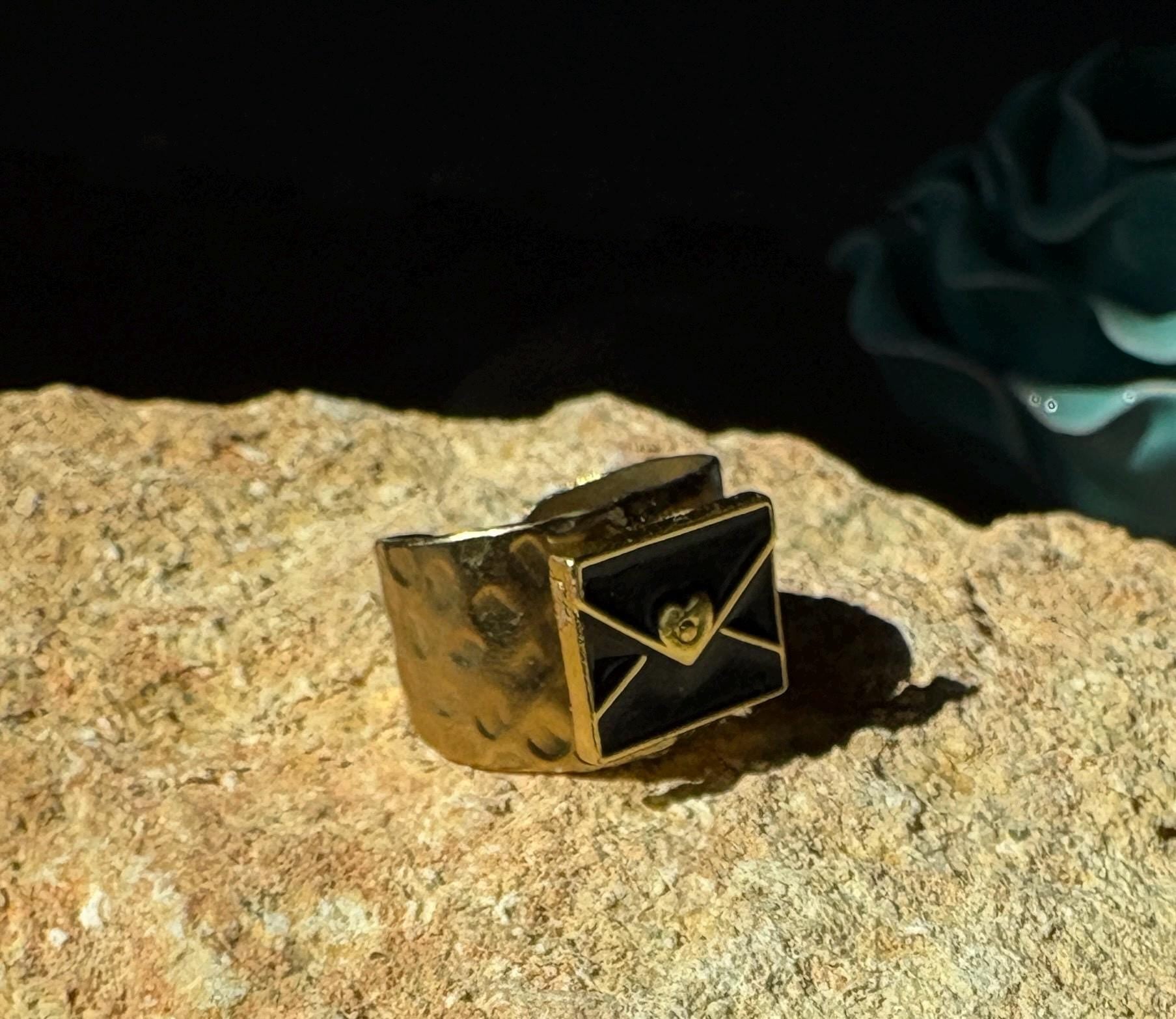 Black & Gold Envelope Ring | Hammered Band Love Letter Rings Consecrated Jewelry Co.