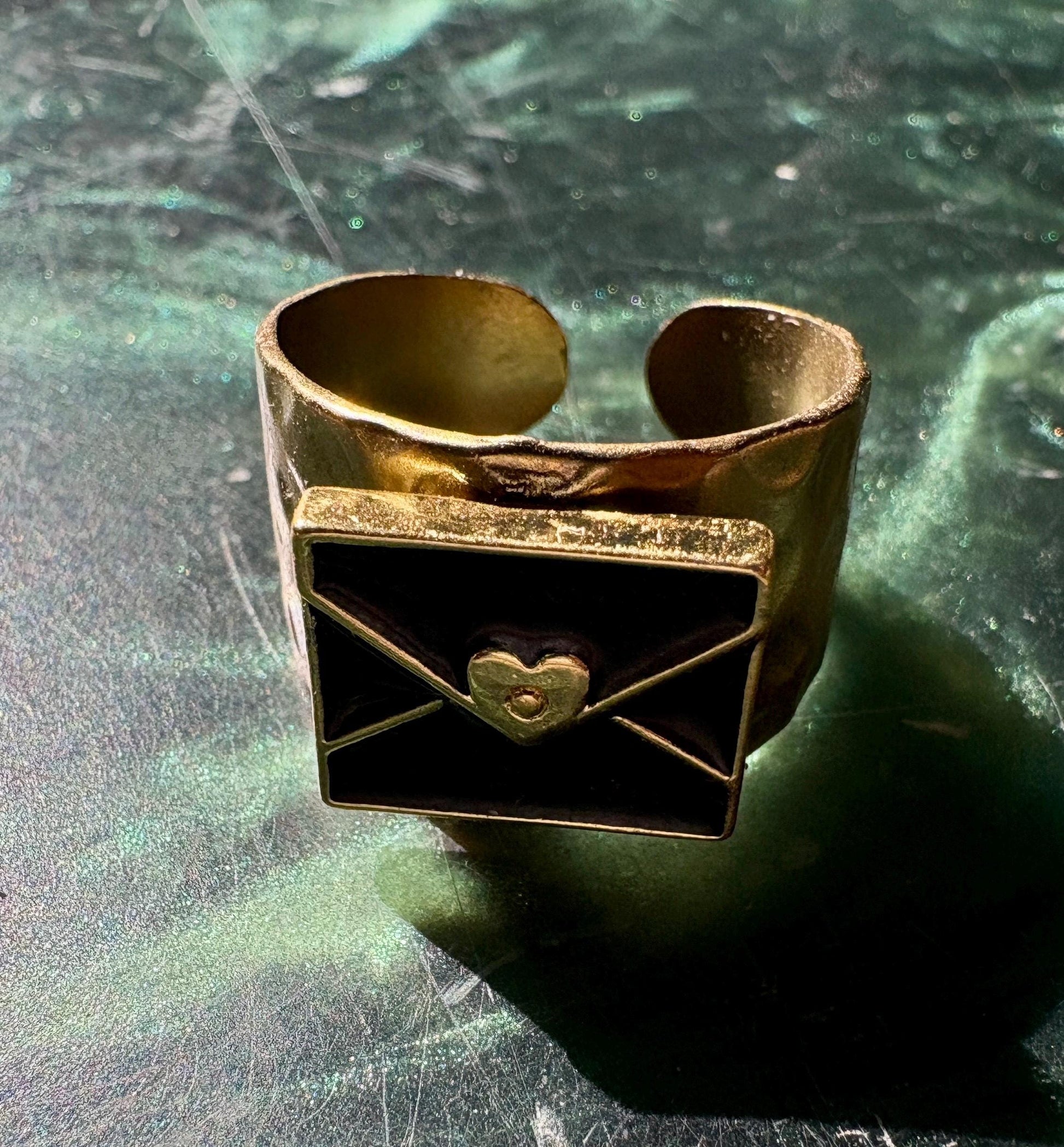 Black & Gold Envelope Ring | Hammered Band Love Letter Rings Consecrated Jewelry Co.