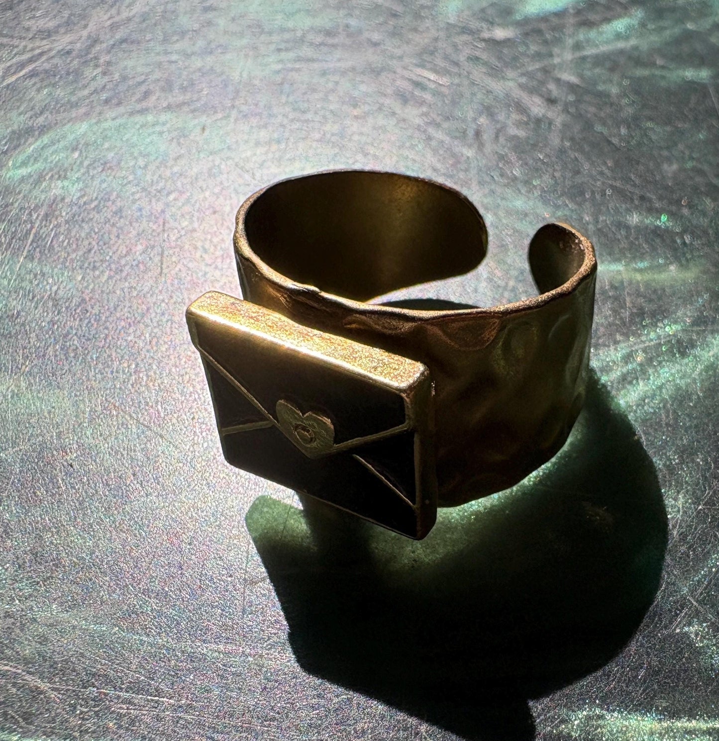 Black & Gold Envelope Ring | Hammered Band Love Letter Rings Consecrated Jewelry Co.