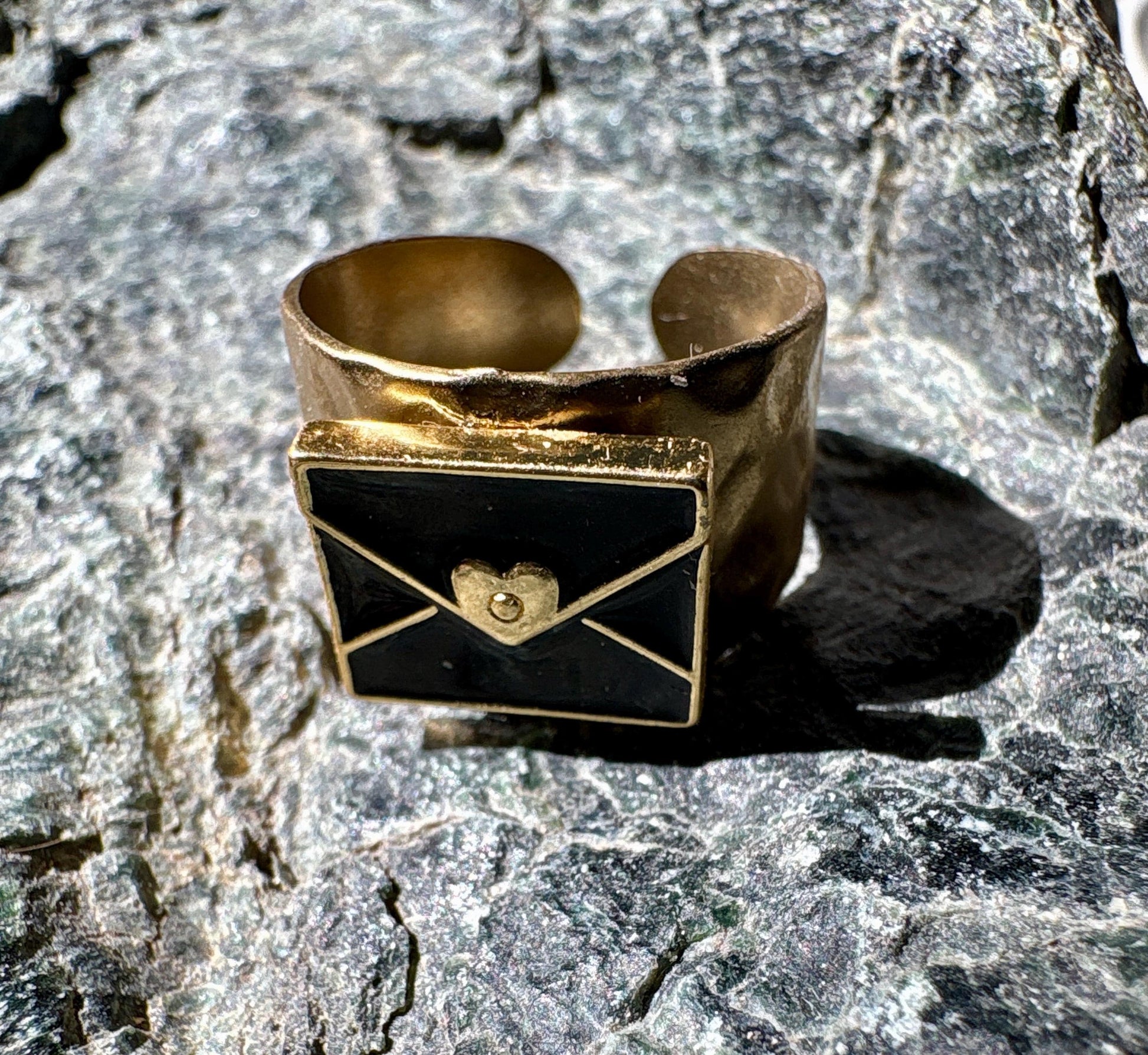 Black & Gold Envelope Ring | Hammered Band Love Letter Rings Consecrated Jewelry Co.