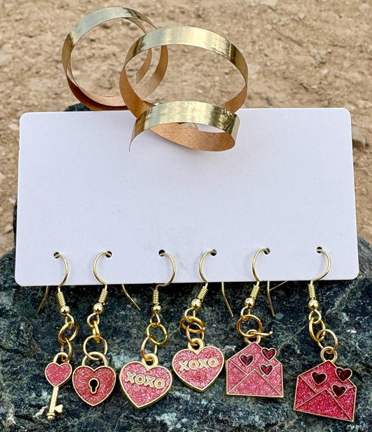 Gold & Pink Heart Earrings | Set of 3 | Lock, XOXO & Love Letter Earrings Consecrated Jewelry Co.