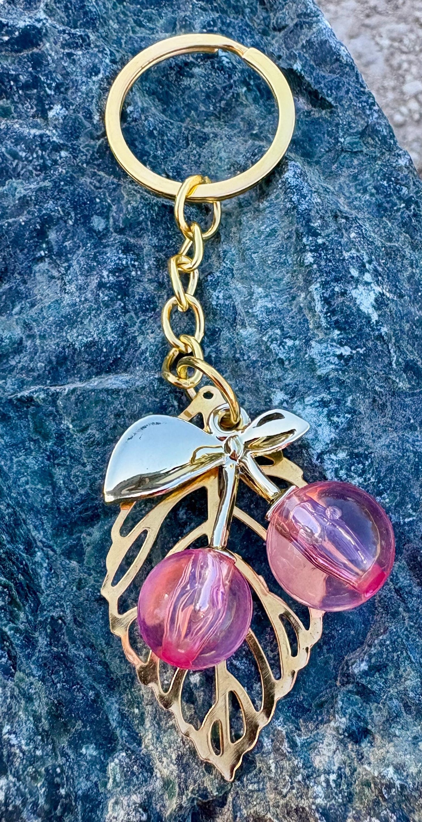 Gold & Pink Cherry Keychain | Bag Charm Valentine's Gift Keychains Consecrated Jewelry Co.