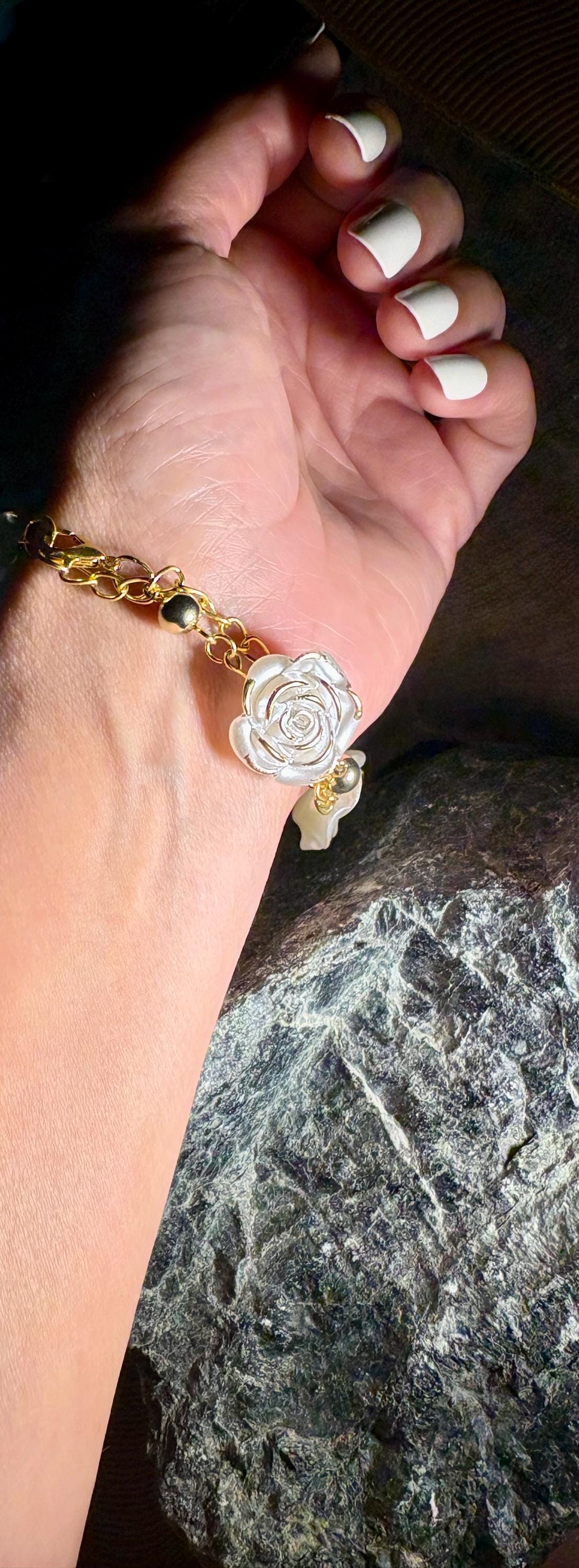 White Rose Bracelet | Gold Chain Floral Adjustable Earrings Consecrated Jewelry Co.
