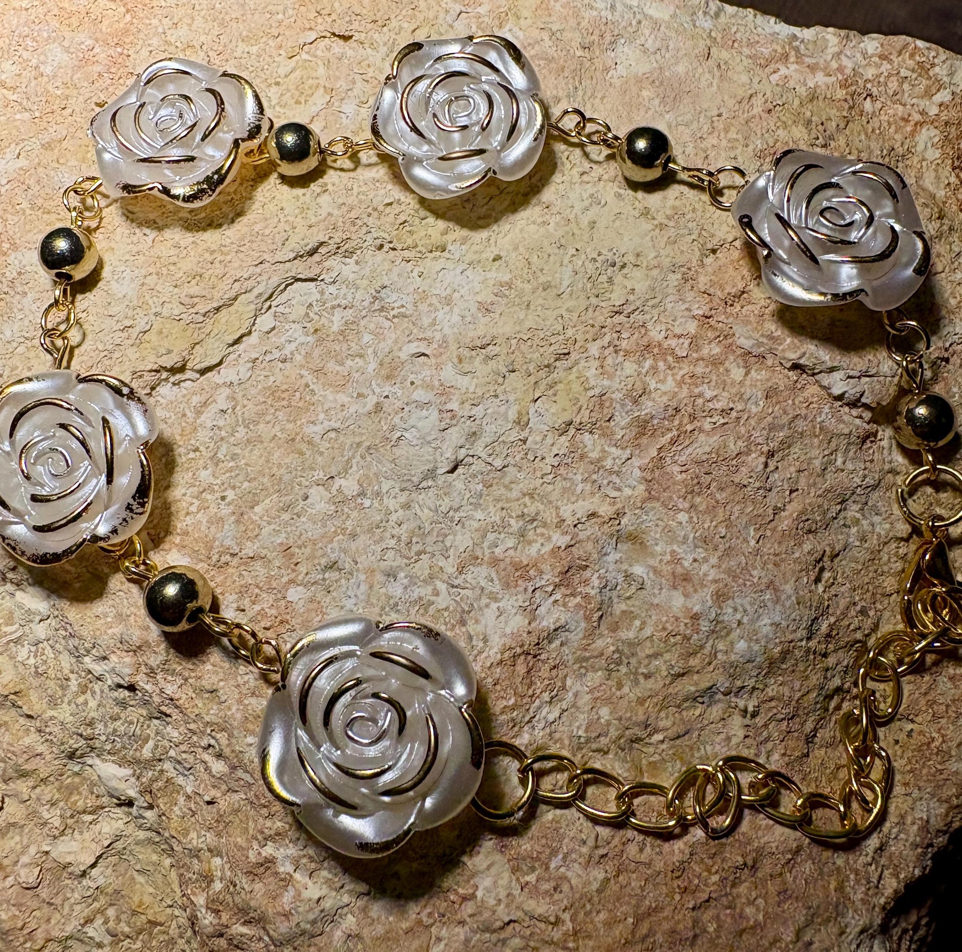 White Rose Bracelet | Gold Chain Floral Adjustable Earrings Consecrated Jewelry Co.