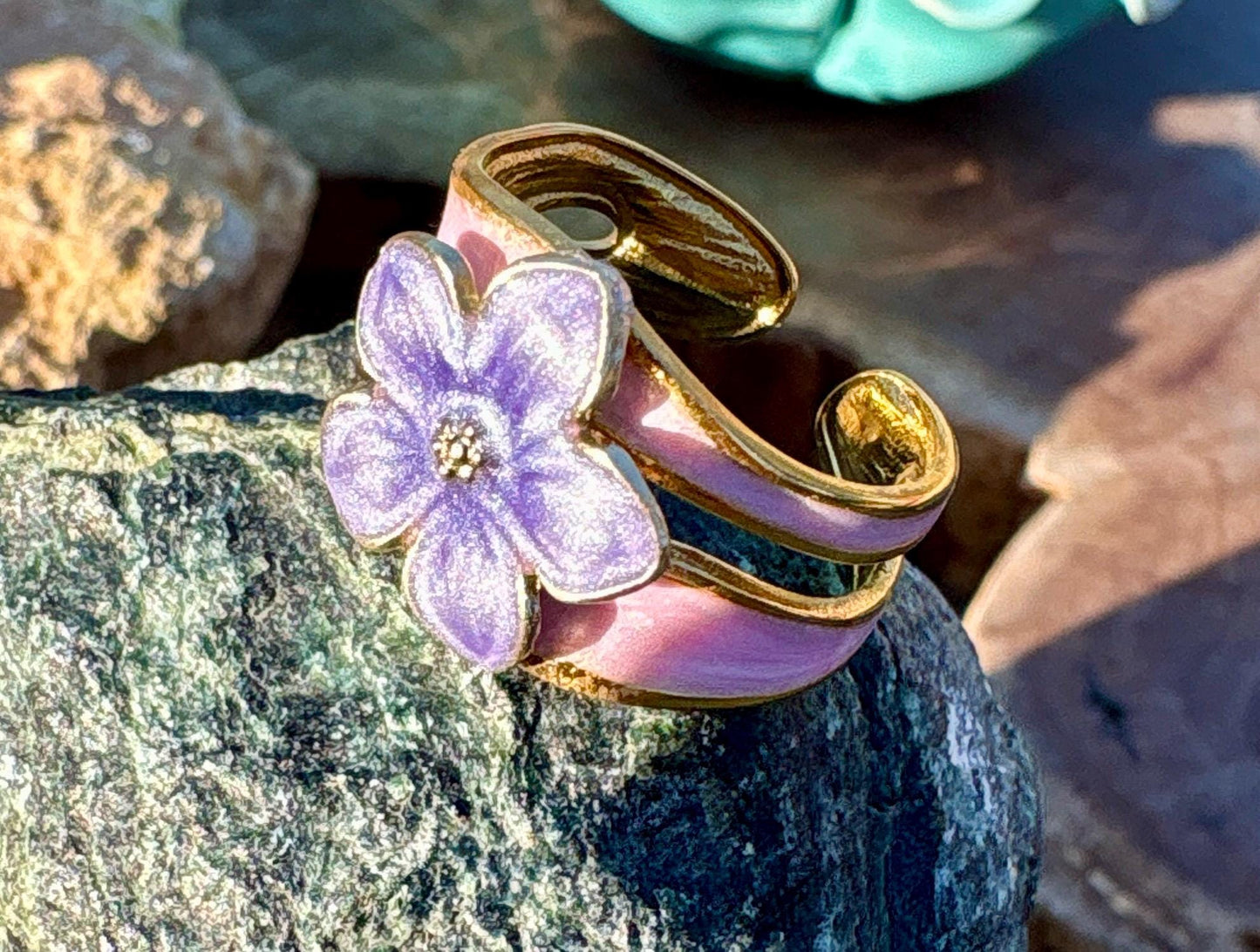 Gold Purple Flower Ring | Pink & Gold Wavy Band Rings Consecrated Jewelry Co.