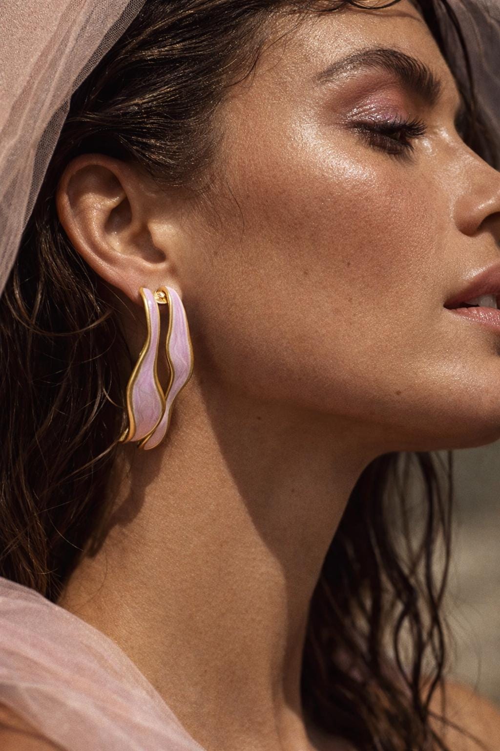 Blush Pink Sculptural Enamel Earrings | Gold Wave Statement Hoops Earrings Consecrated Jewelry Co.
