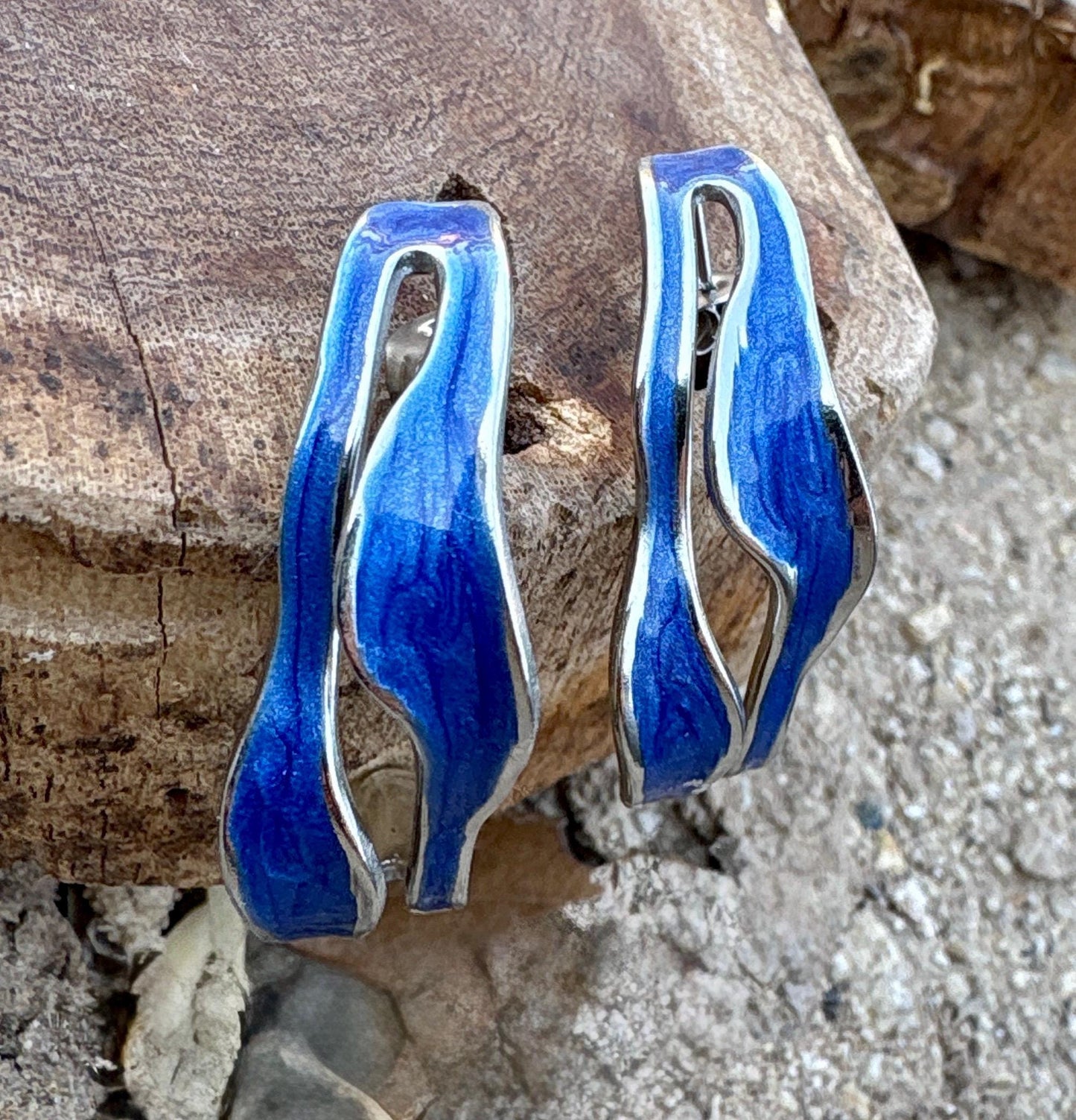 Royal Blue Sculptural Enamel Earrings | Gold Wave Statement Hoops Earrings Consecrated Jewelry Co.