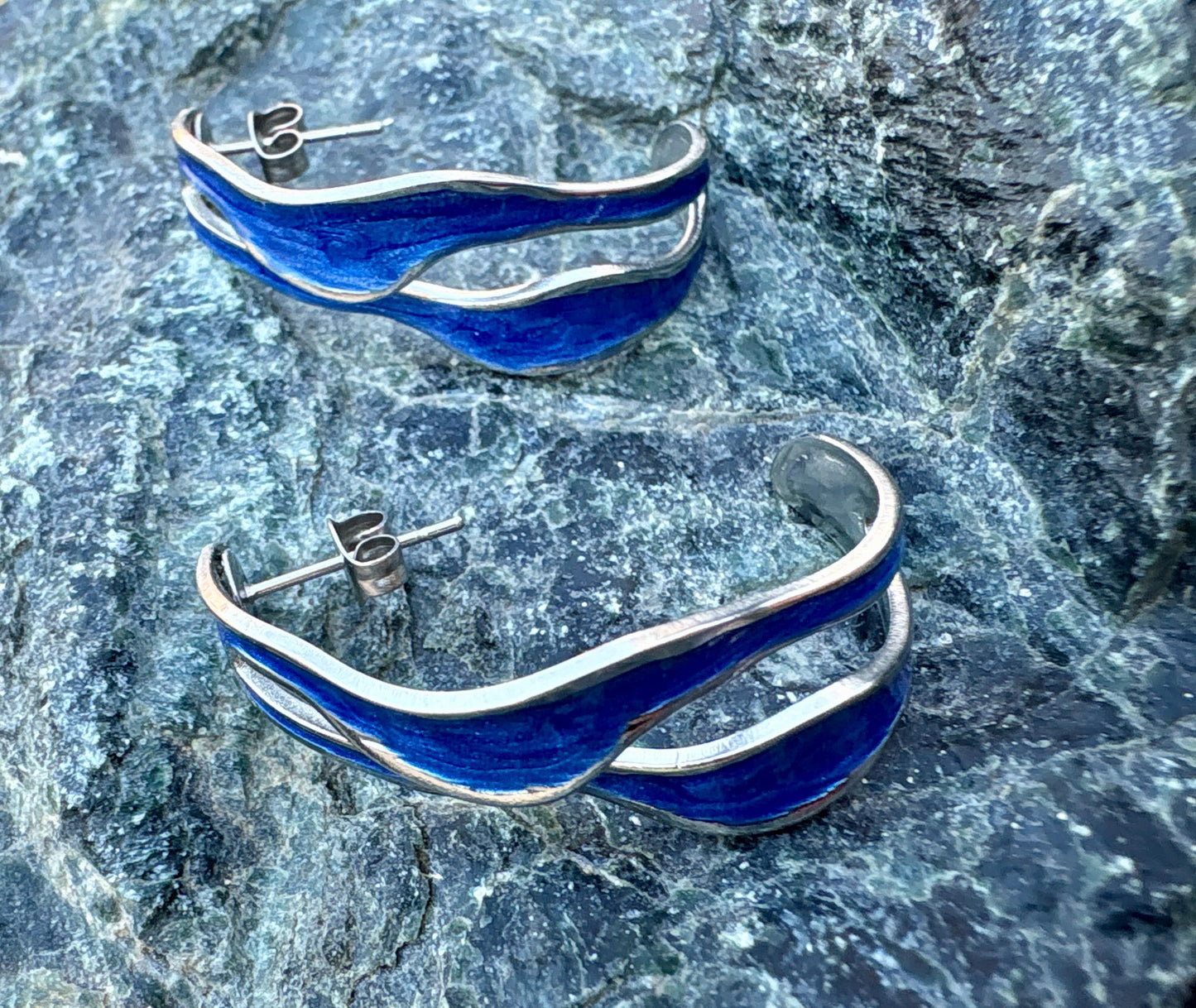 Royal Blue Sculptural Enamel Earrings | Gold Wave Statement Hoops Earrings Consecrated Jewelry Co.