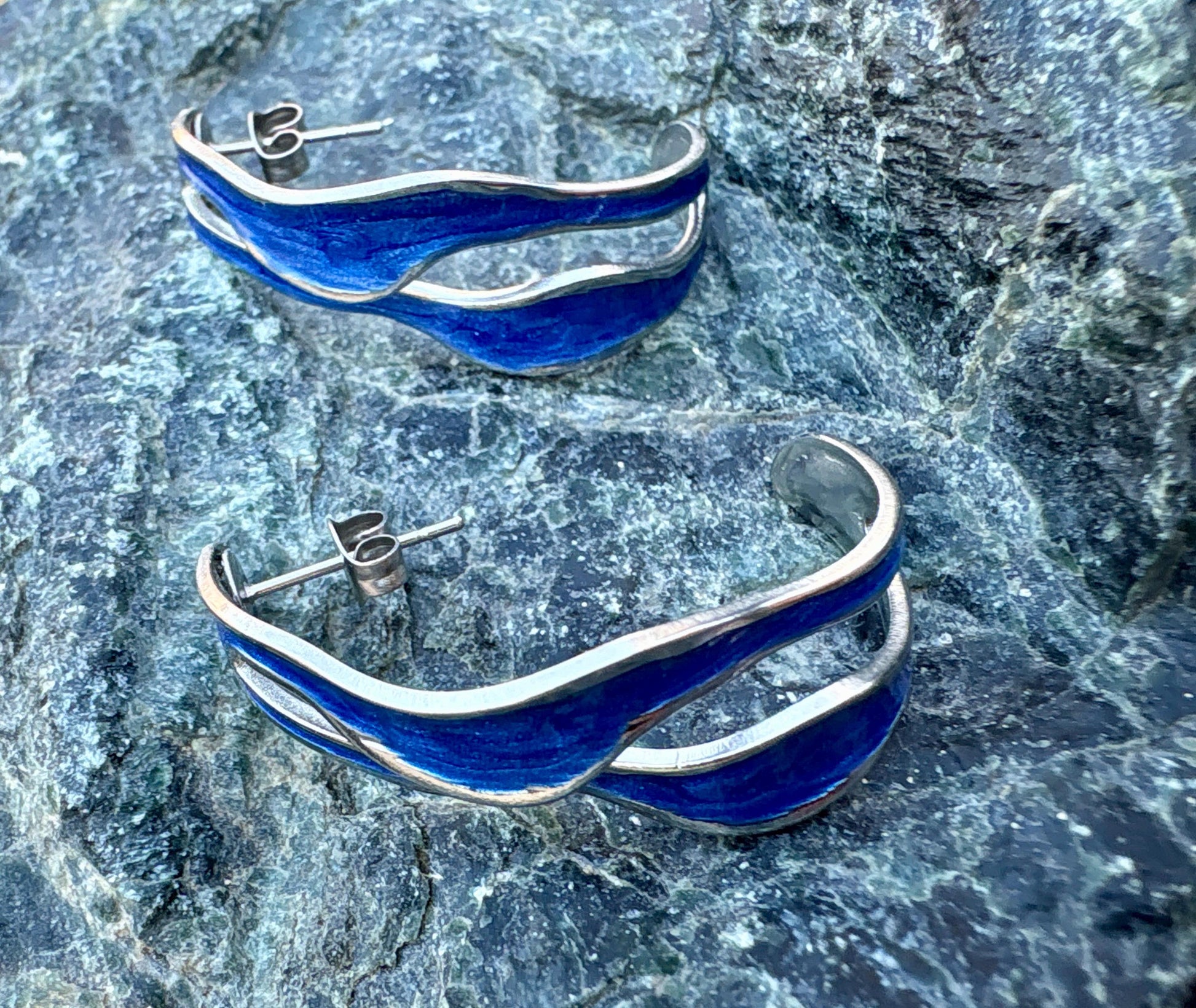 Royal Blue Sculptural Enamel Earrings | Gold Wave Statement Hoops Earrings Consecrated Jewelry Co.