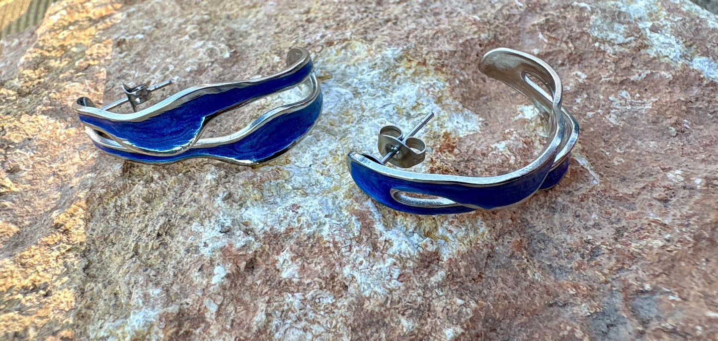 Royal Blue Sculptural Enamel Earrings | Gold Wave Statement Hoops Earrings Consecrated Jewelry Co.