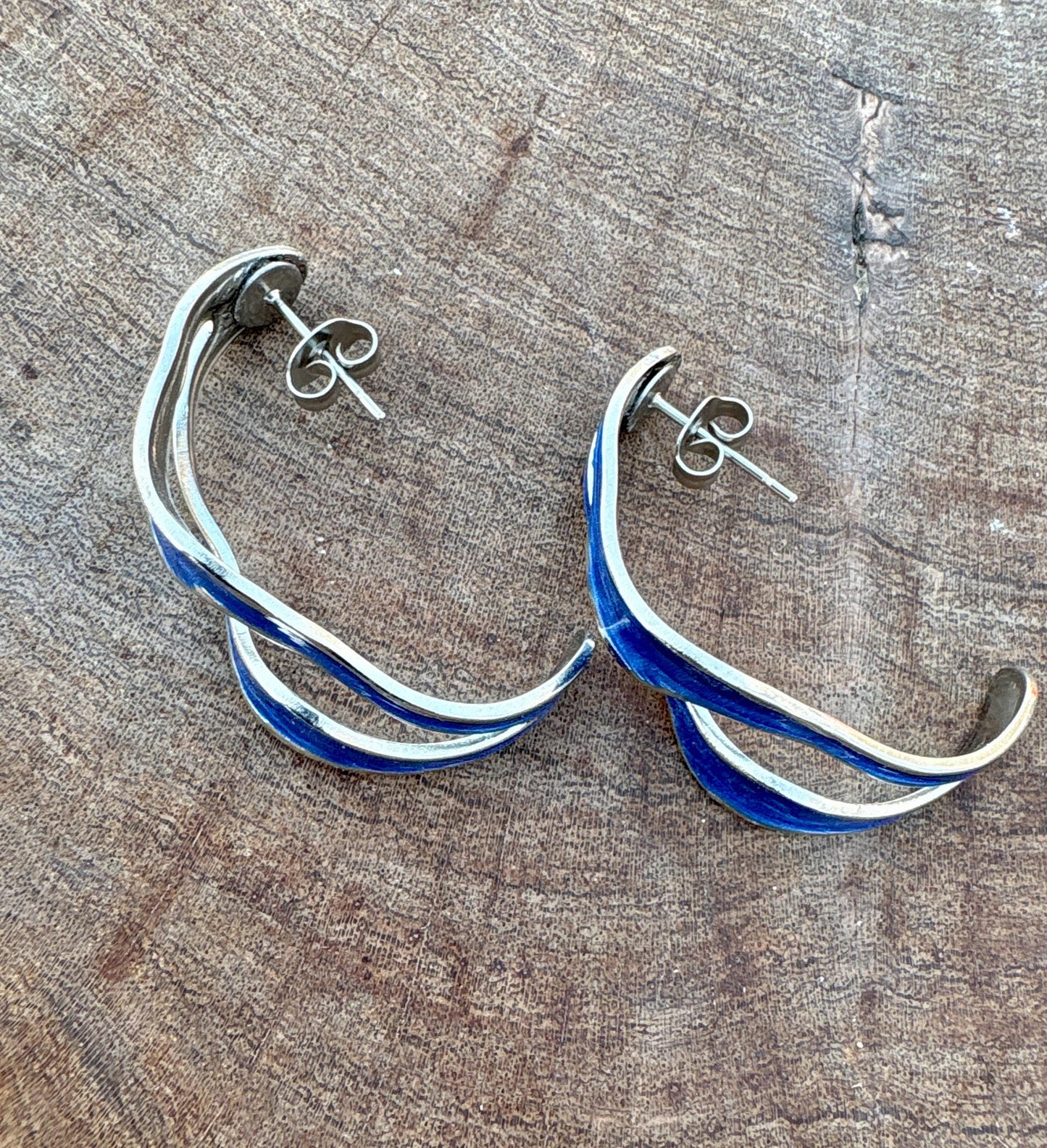 Royal Blue Sculptural Enamel Earrings | Gold Wave Statement Hoops Earrings Consecrated Jewelry Co.
