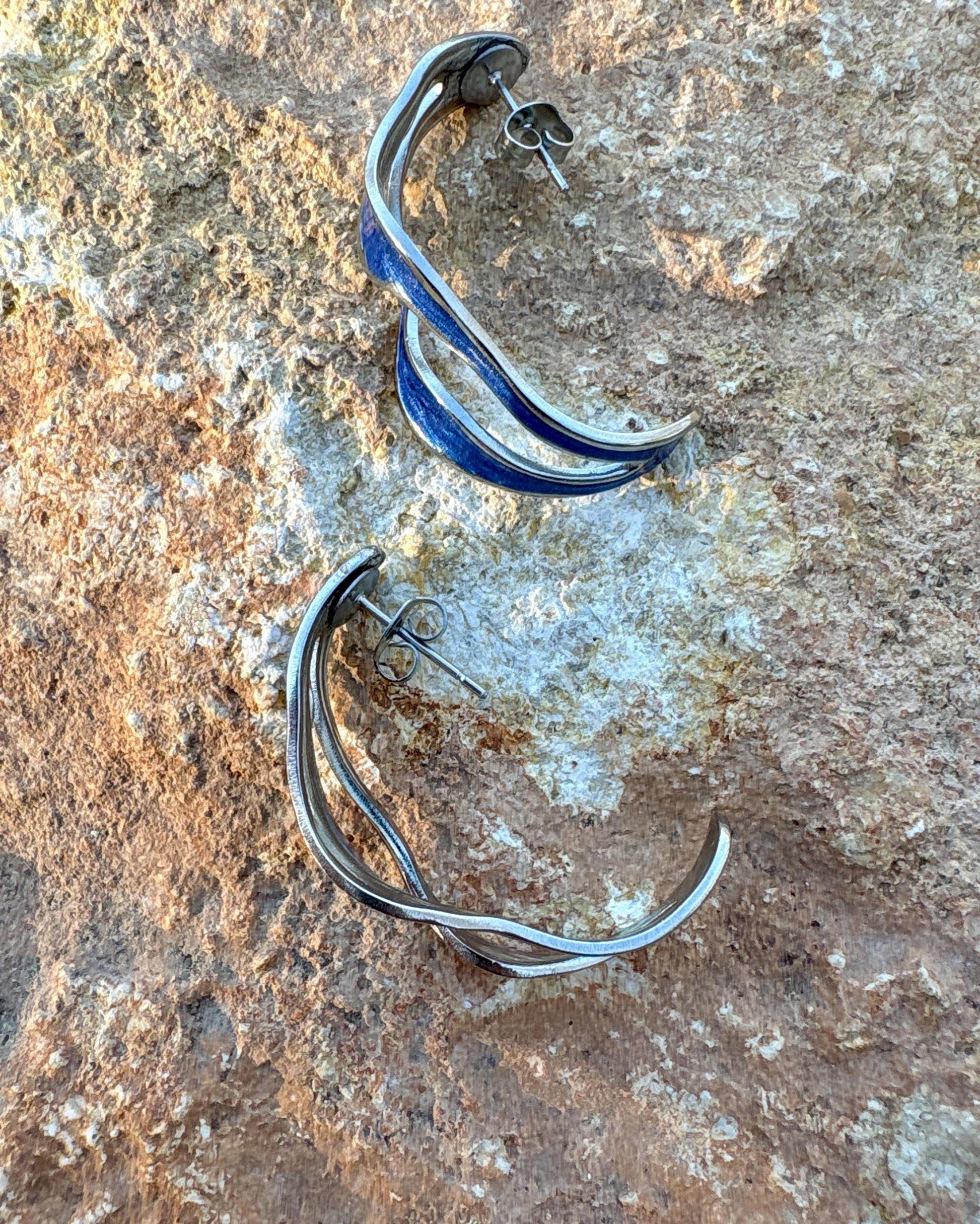 Royal Blue Sculptural Enamel Earrings | Gold Wave Statement Hoops Earrings Consecrated Jewelry Co.