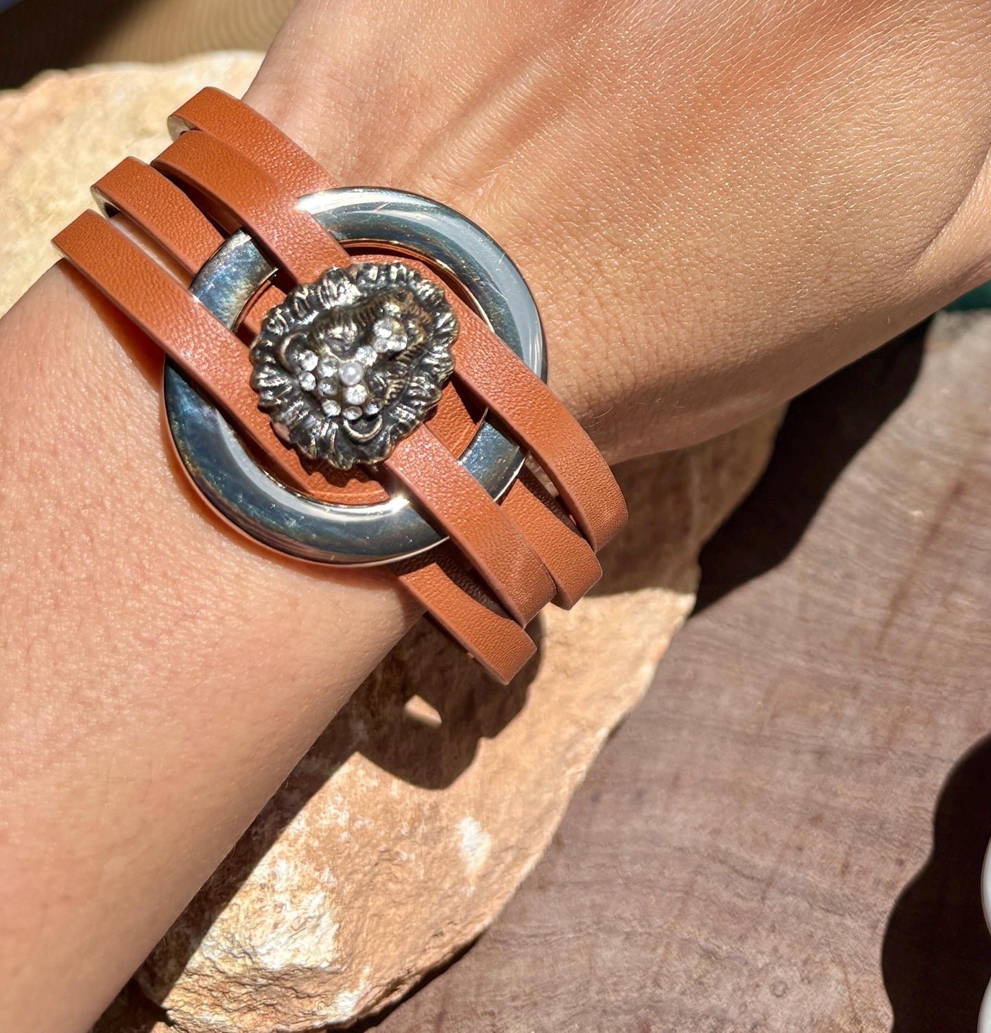 Lion Bracelet | Brown Faux Leather & Gold Tone Wrap Bracelets Consecrated Jewelry Co.