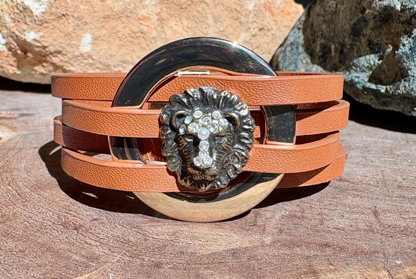 Lion Bracelet | Brown Faux Leather & Gold Tone Wrap Bracelets Consecrated Jewelry Co.