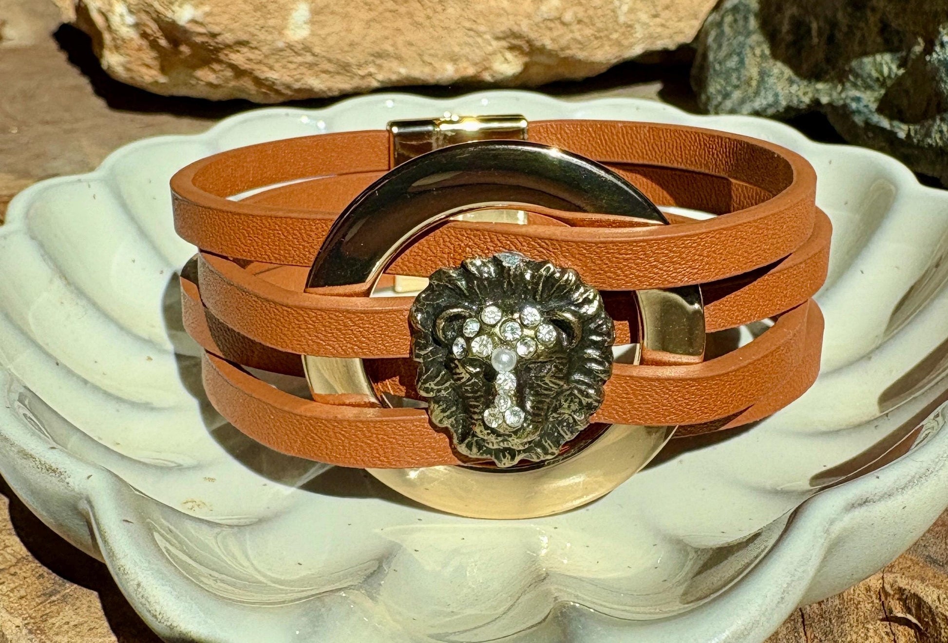 Lion Bracelet | Brown Faux Leather & Gold Tone Wrap Bracelets Consecrated Jewelry Co.