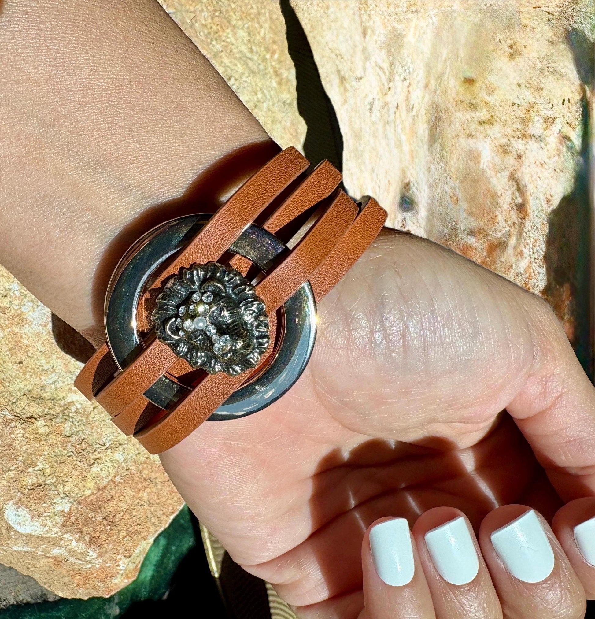 Lion Bracelet | Brown Faux Leather & Gold Tone Wrap Bracelets Consecrated Jewelry Co.