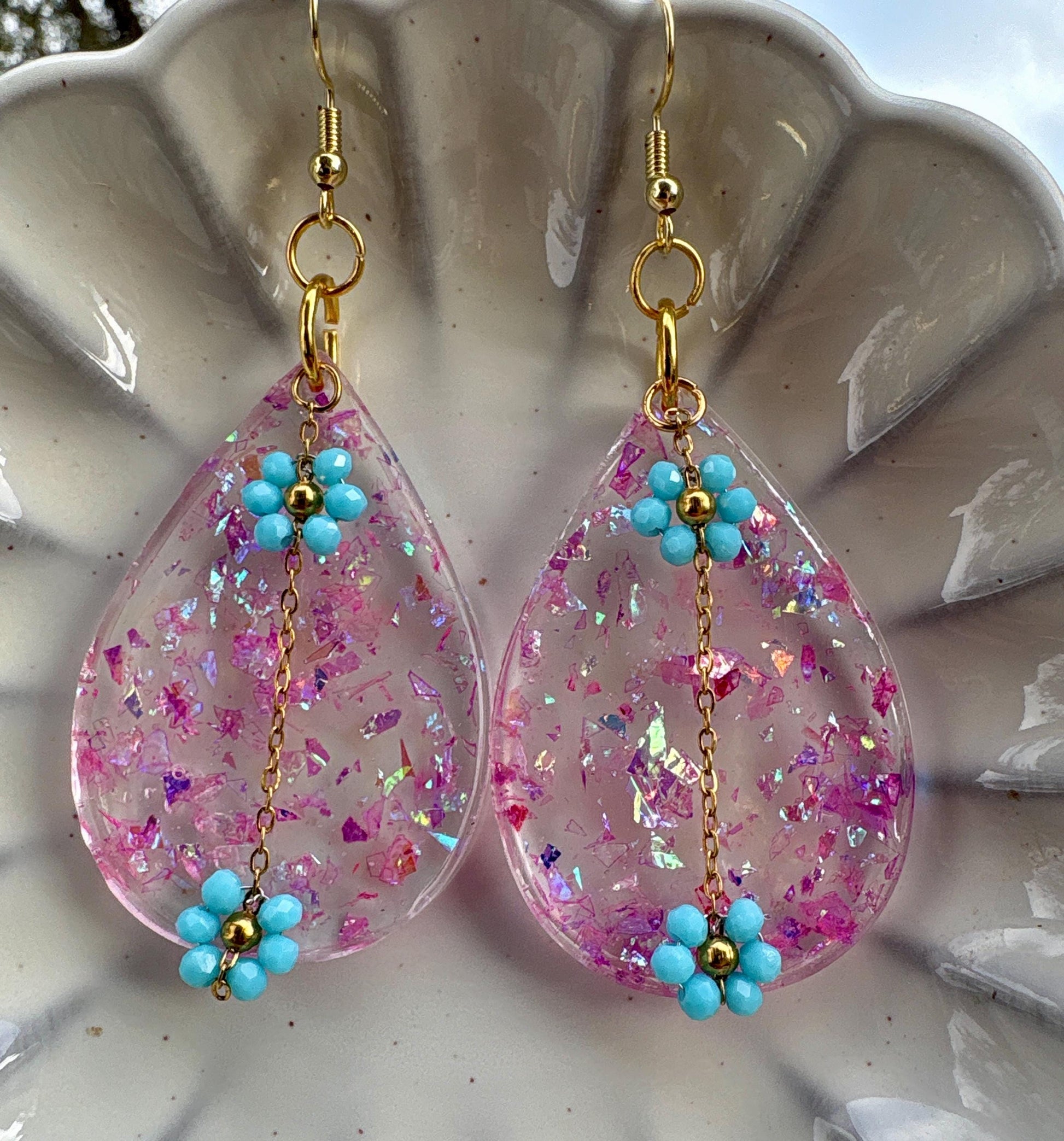 Tropical Leaf Dangle Earrings | Teal Blue Flower Gold Colorful Earrings Consecrated Jewelry Co.
