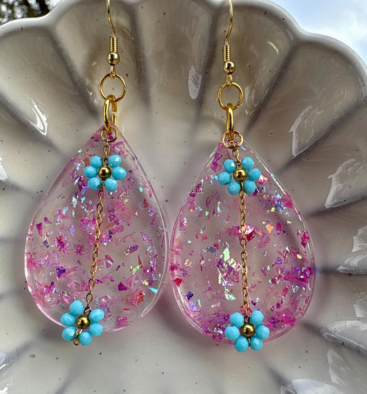 Tropical Leaf Dangle Earrings | Teal Blue Flower Gold Colorful Earrings Consecrated Jewelry Co.