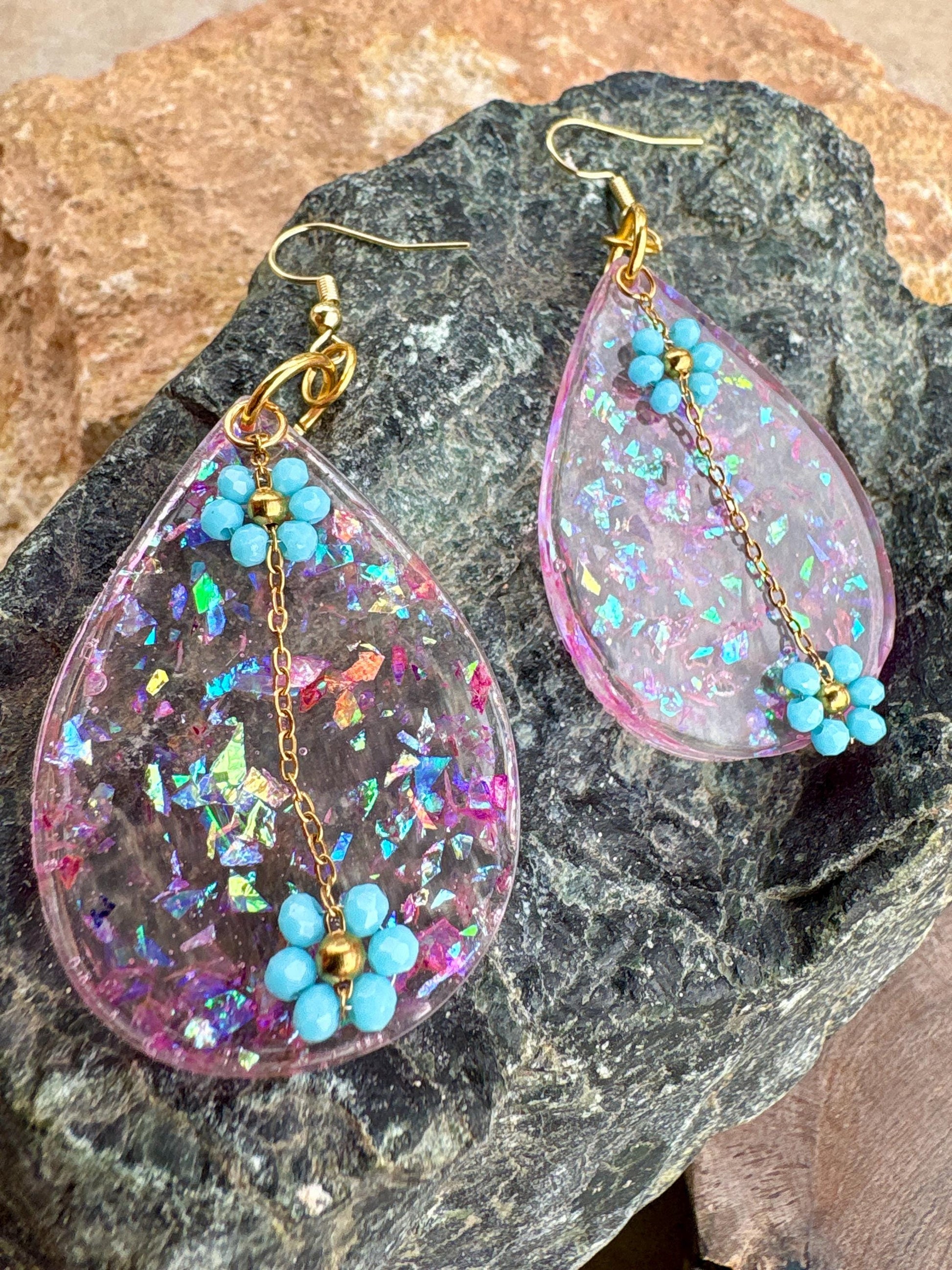 Tropical Leaf Dangle Earrings | Teal Blue Flower Gold Colorful Earrings Consecrated Jewelry Co.