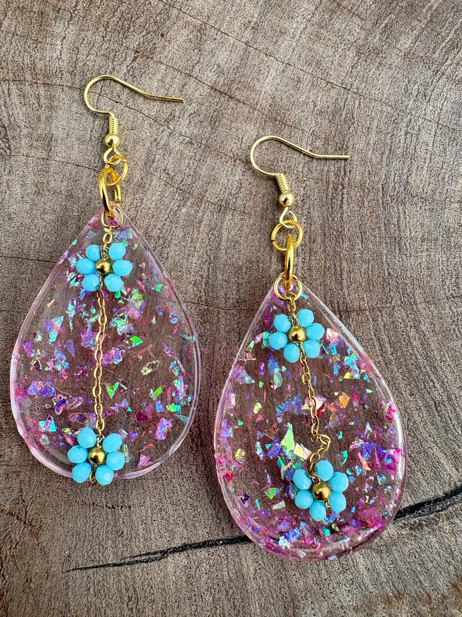 Tropical Leaf Dangle Earrings | Teal Blue Flower Gold Colorful Earrings Consecrated Jewelry Co.