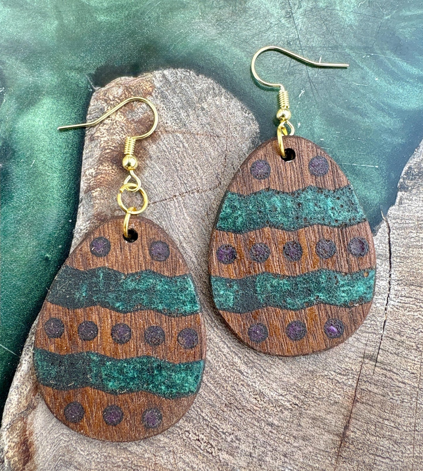 Black Walnut Easter Egg Earrings | Teal Purple Resin Boho Wood Earrings Consecrated Jewelry Co.