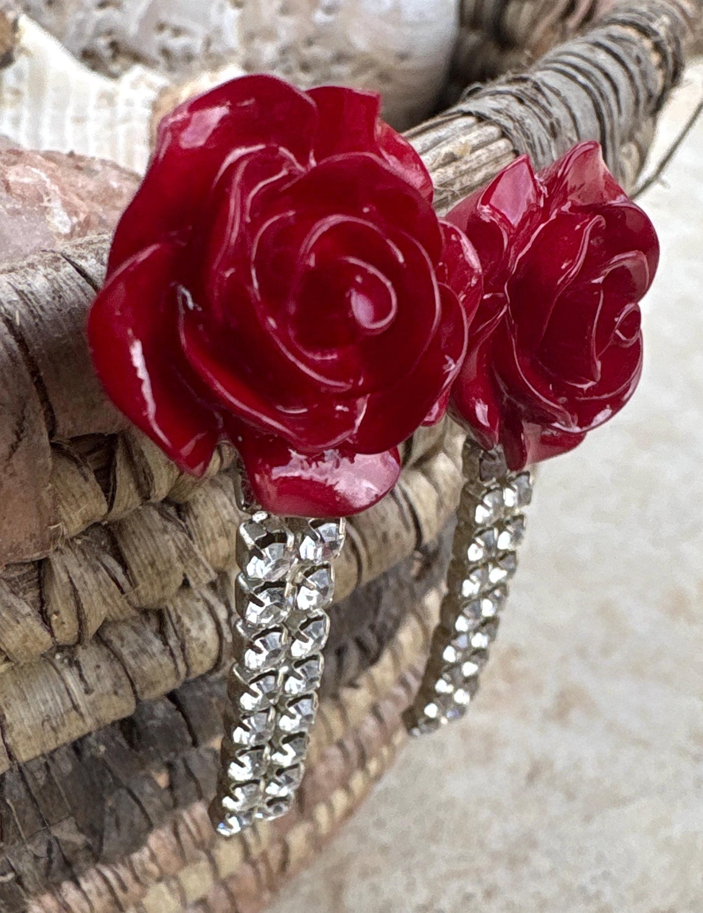 Red Rose Rhinestone Drop Earrings | Vintage Inspired Floral Statement Earrings Consecrated Jewelry Co.