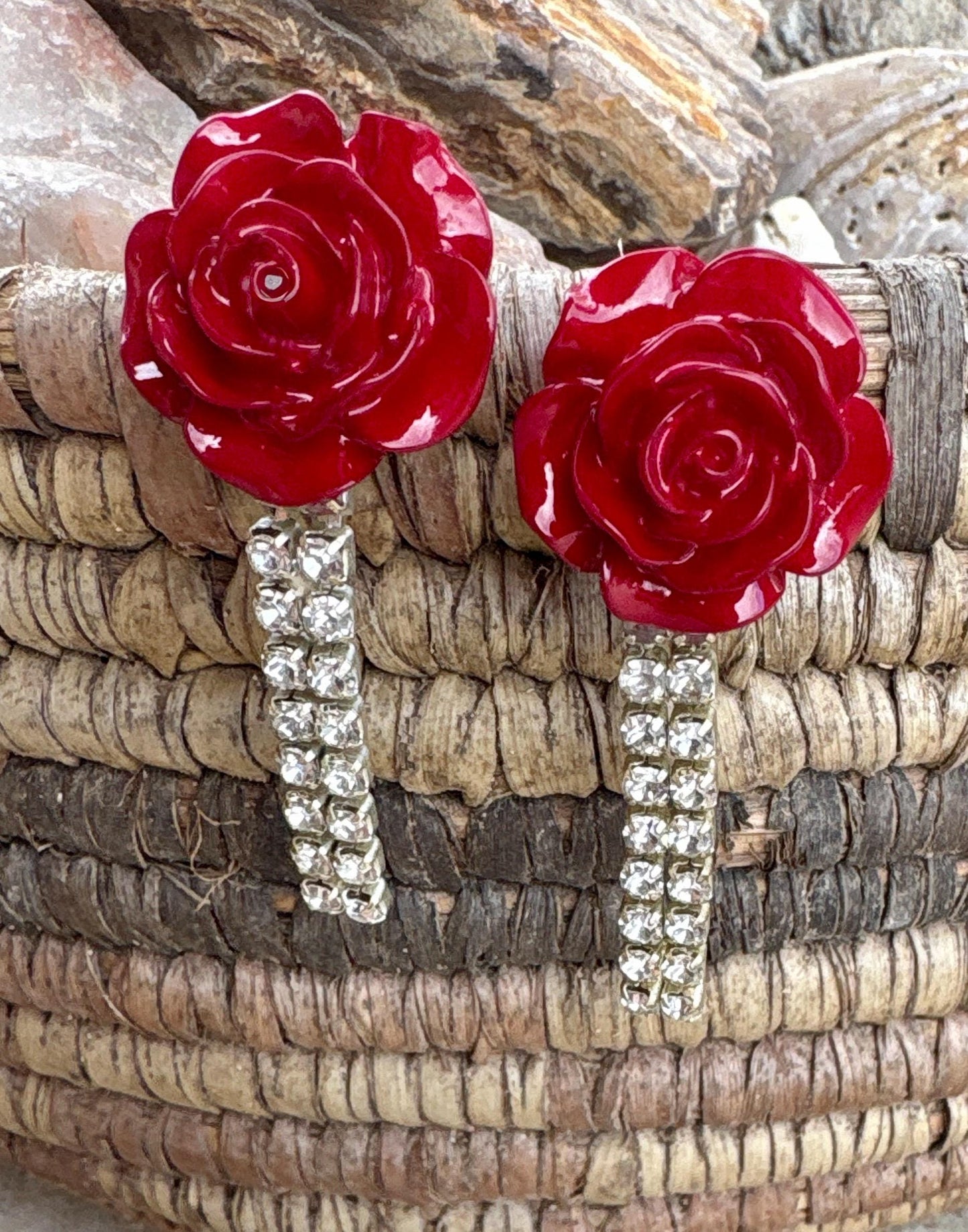 Red Rose Rhinestone Drop Earrings | Vintage Inspired Floral Statement Earrings Consecrated Jewelry Co.