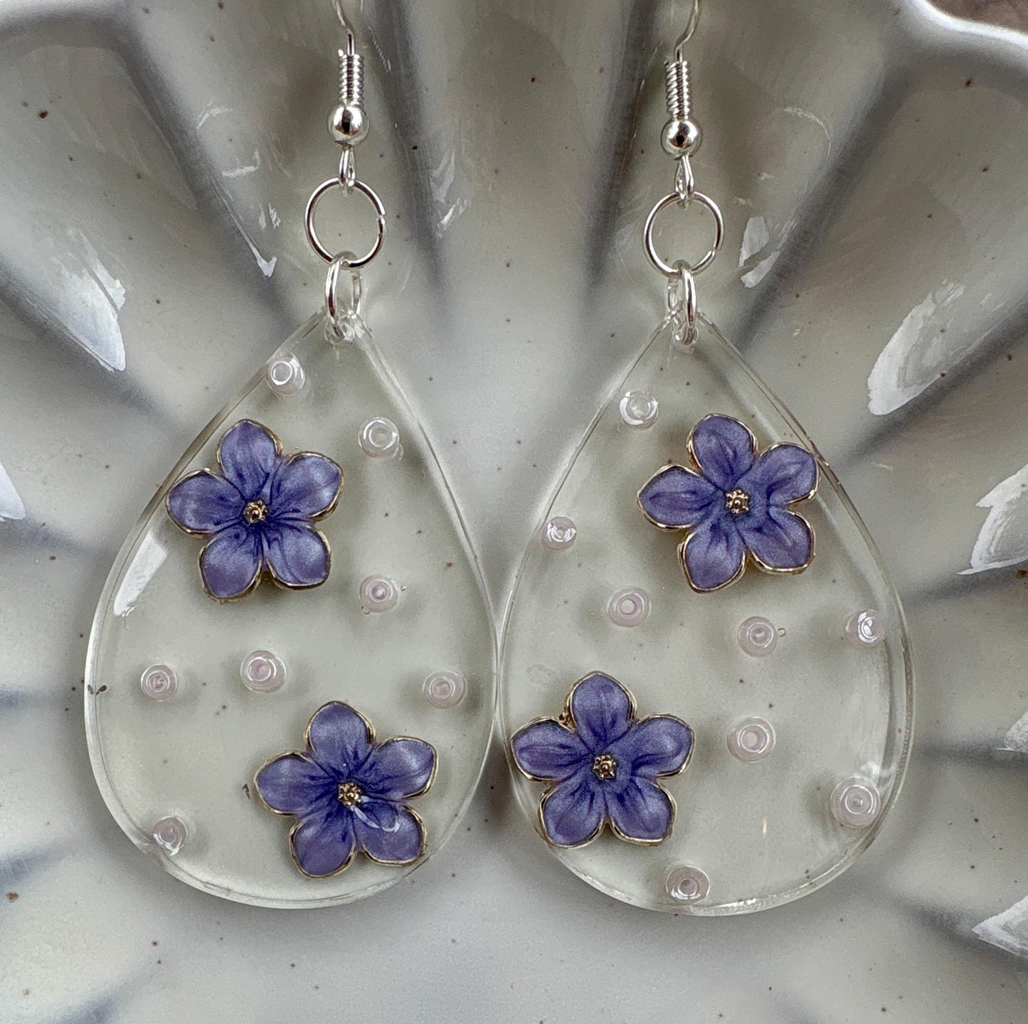 Handmade Floral Resin Teardrop Earrings | Purple Flower & Beads Easter Earrings Consecrated Jewelry Co.