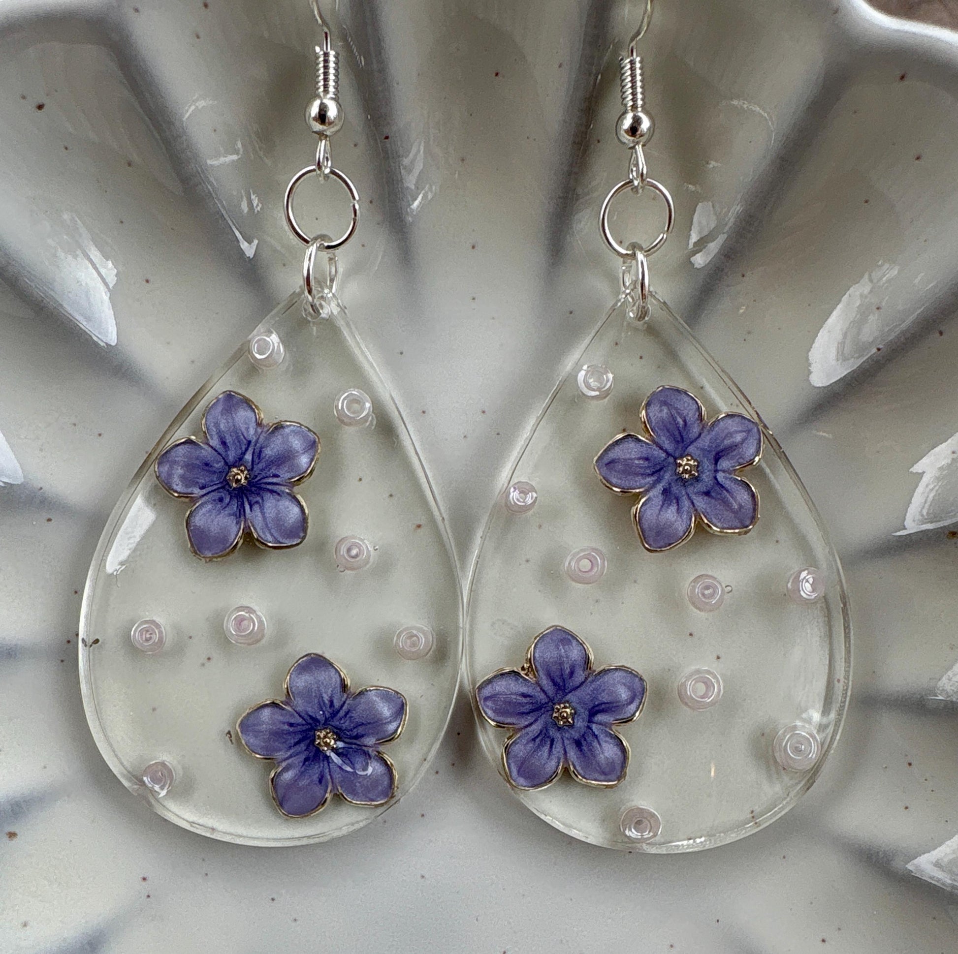 Handmade Floral Resin Teardrop Earrings | Purple Flower & Beads Easter Earrings Consecrated Jewelry Co.
