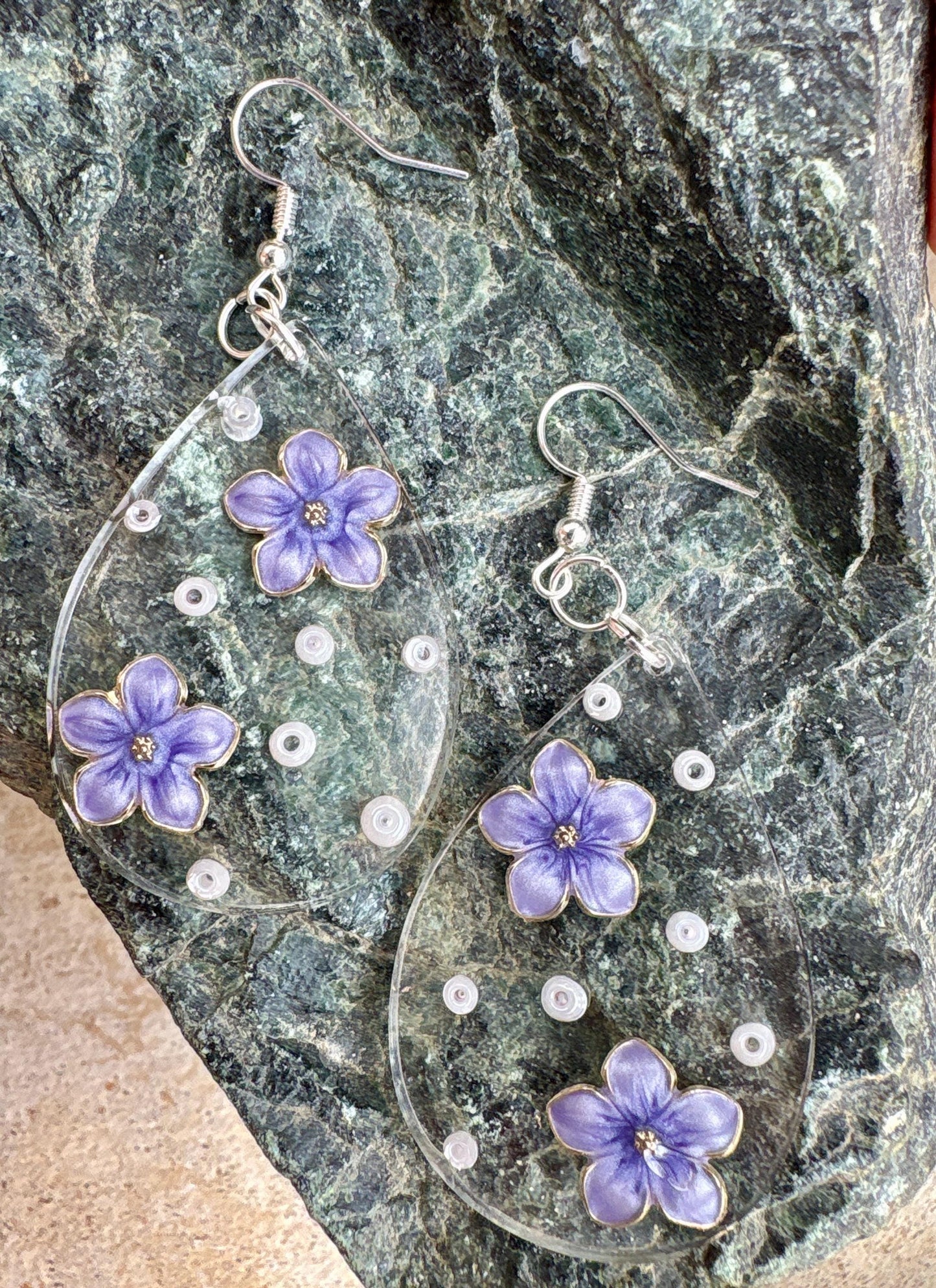 Handmade Floral Resin Teardrop Earrings | Purple Flower & Beads Easter Earrings Consecrated Jewelry Co.