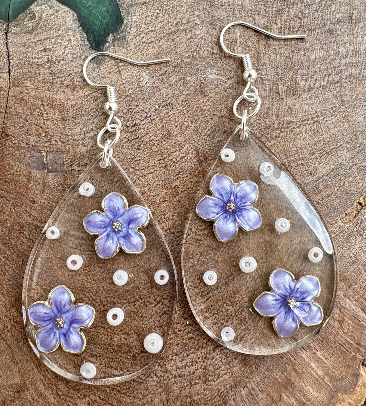 Handmade Floral Resin Teardrop Earrings | Purple Flower & Beads Easter Earrings Consecrated Jewelry Co.